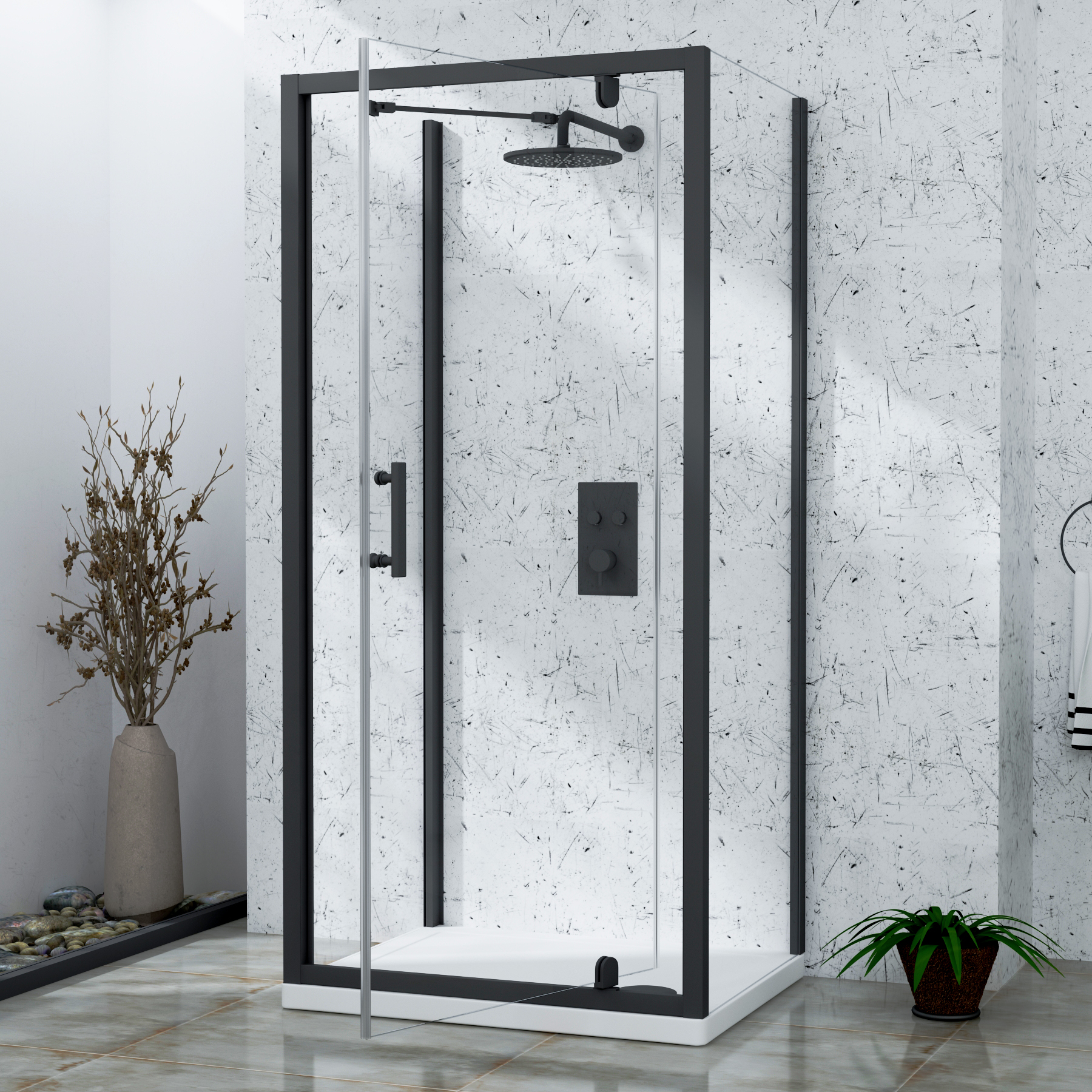 Milan 800 x 800mm Matt Black Square Pivot Door 3-Sided Shower Enclosure - 6mm Glass