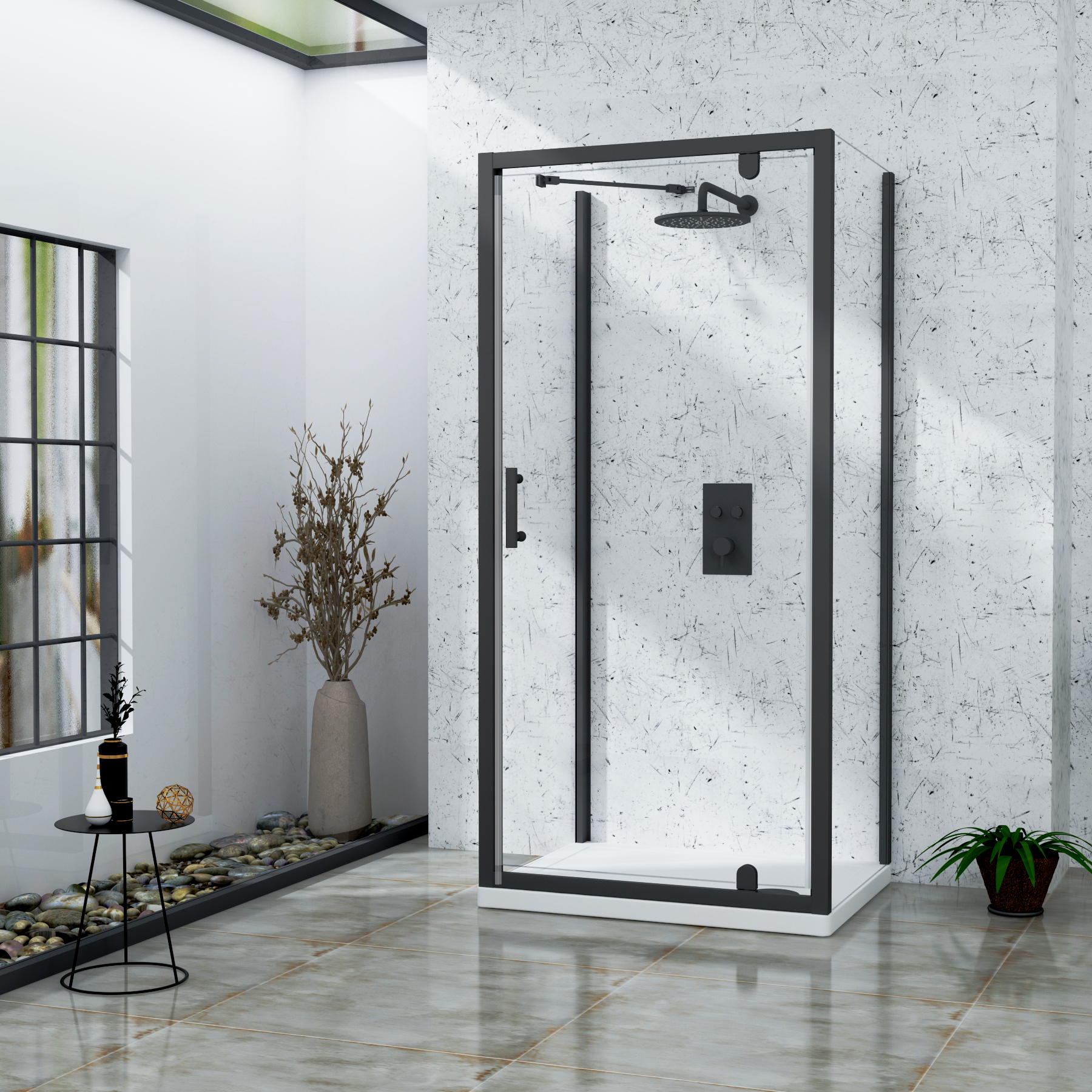 Milan 800 x 800mm Matt Black Square Pivot Door 3-Sided Shower Enclosure - 6mm Glass