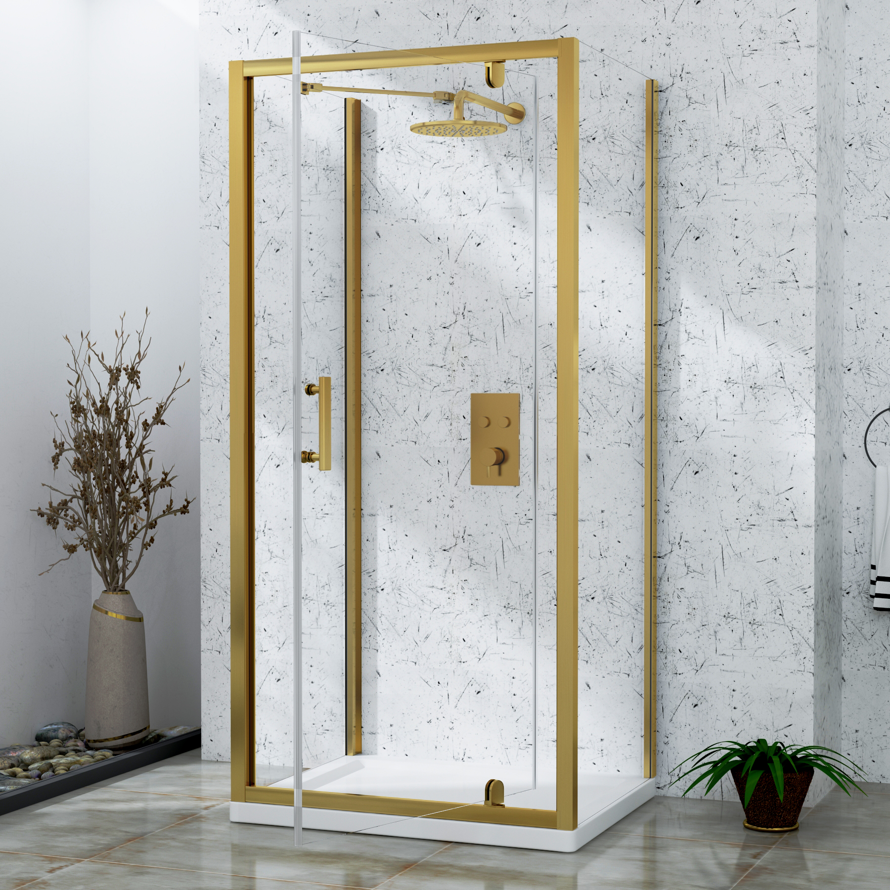 Venice 800 x 800mm Brushed Brass Square Pivot Door 3-Sided Shower Enclosure - 6mm Glass