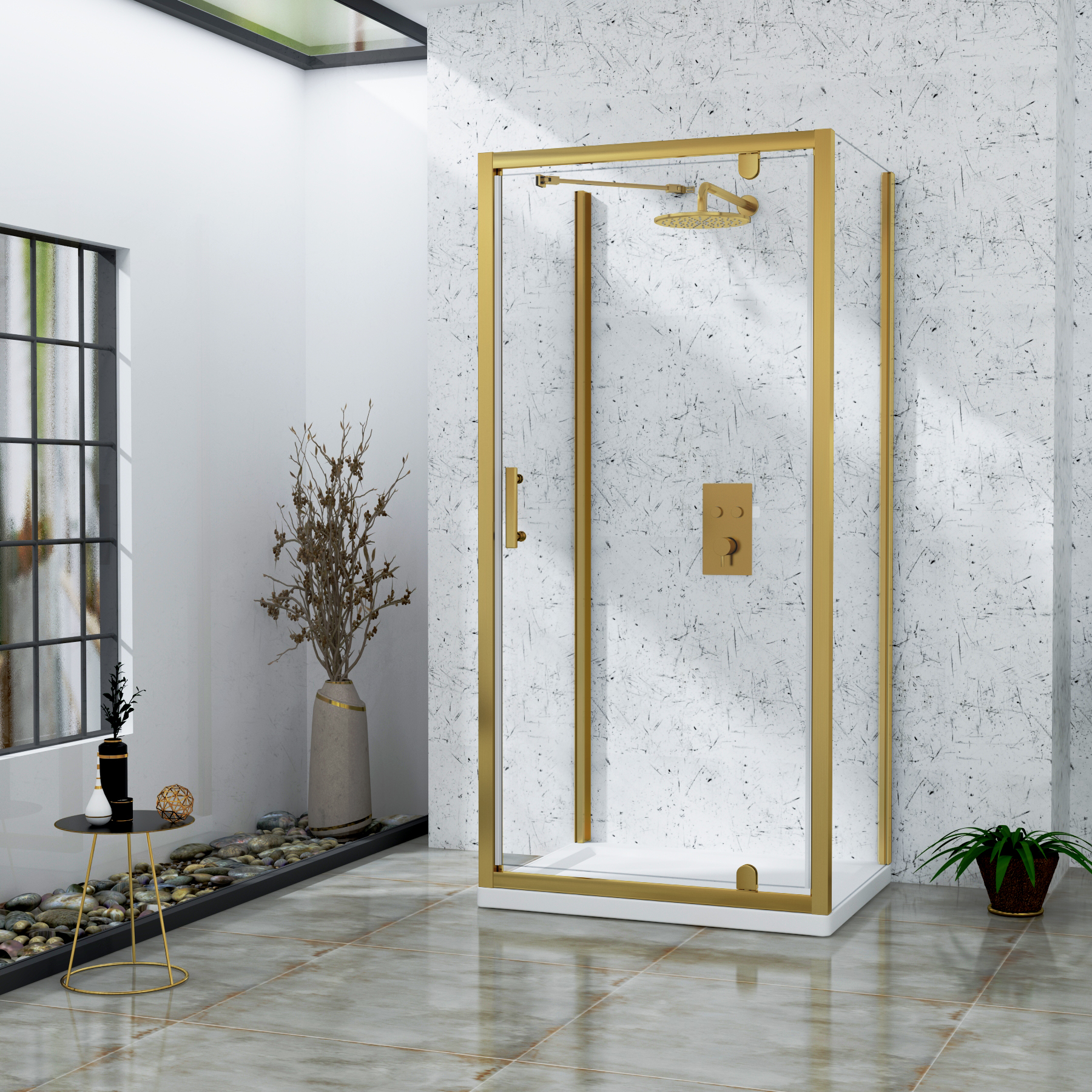 Venice 800 x 800mm Brushed Brass Square Pivot Door 3-Sided Shower Enclosure - 6mm Glass