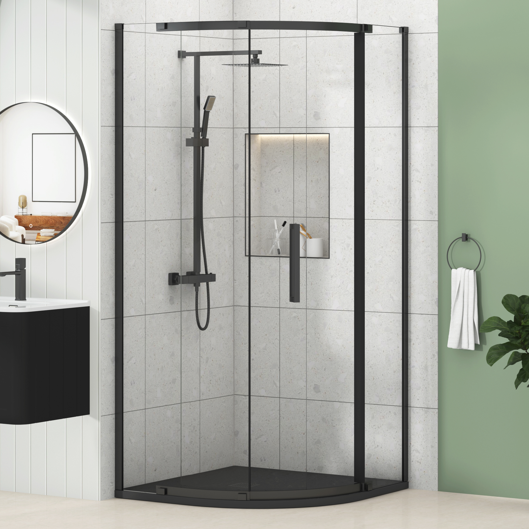 Chelsea Single Door Quadrant Shower Enclosure with Black Stone Tray 8mm Easy Clean Glass, 1950mm Tall - Matt Black