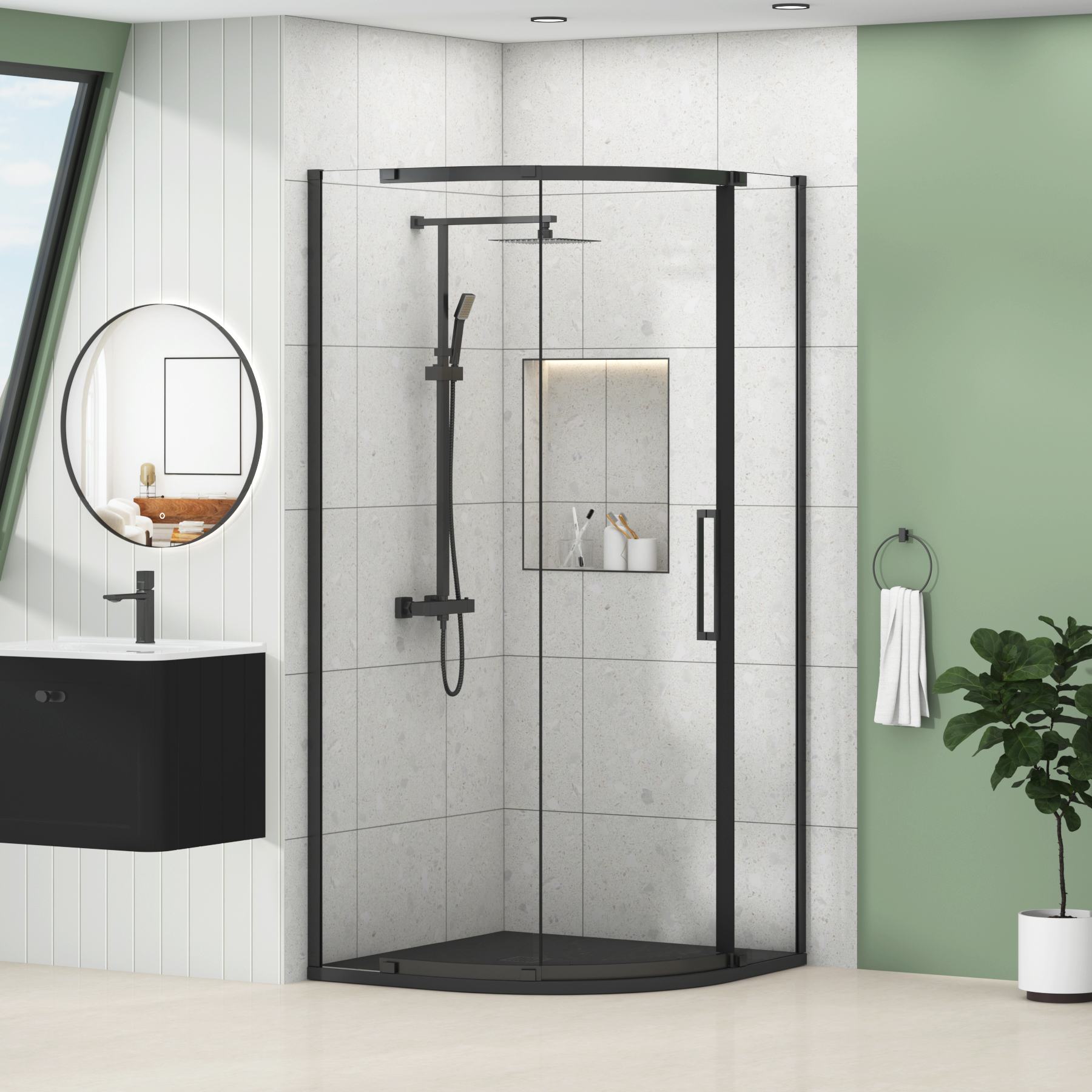 Chelsea Single Door Quadrant Shower Enclosure with Black Stone Tray 8mm Easy Clean Glass, 1950mm Tall - Matt Black