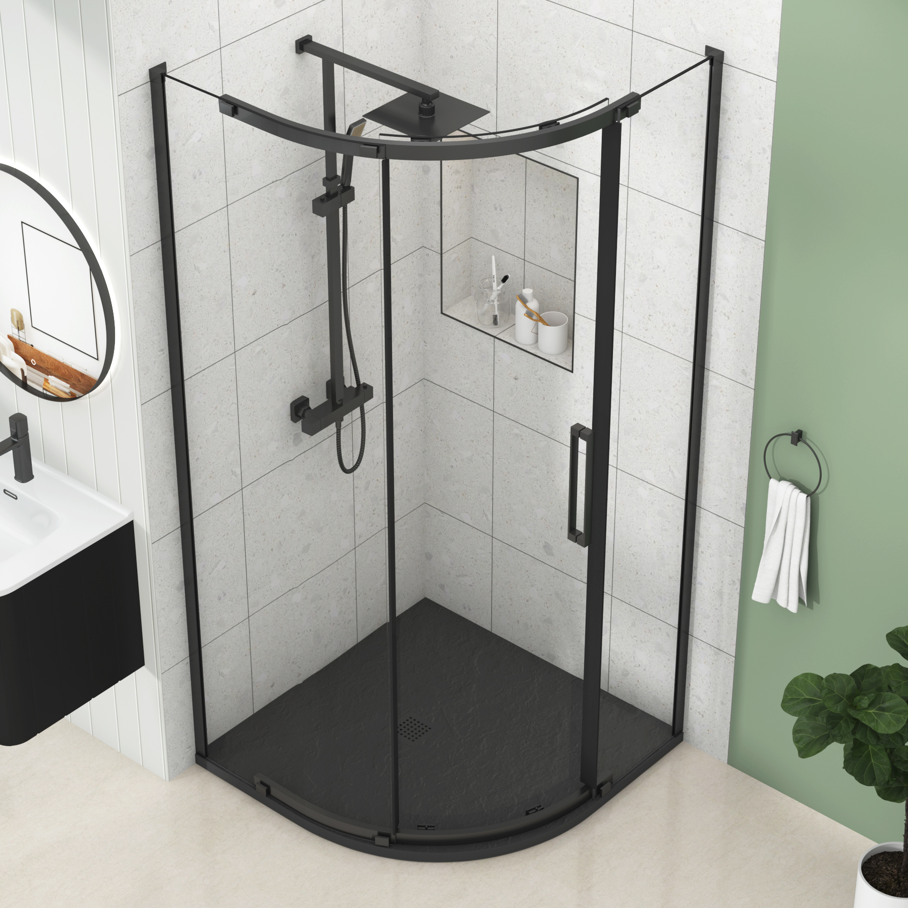 Chelsea Single Door Quadrant Shower Enclosure with Black Stone Tray 8mm Easy Clean Glass, 1950mm Tall - Matt Black