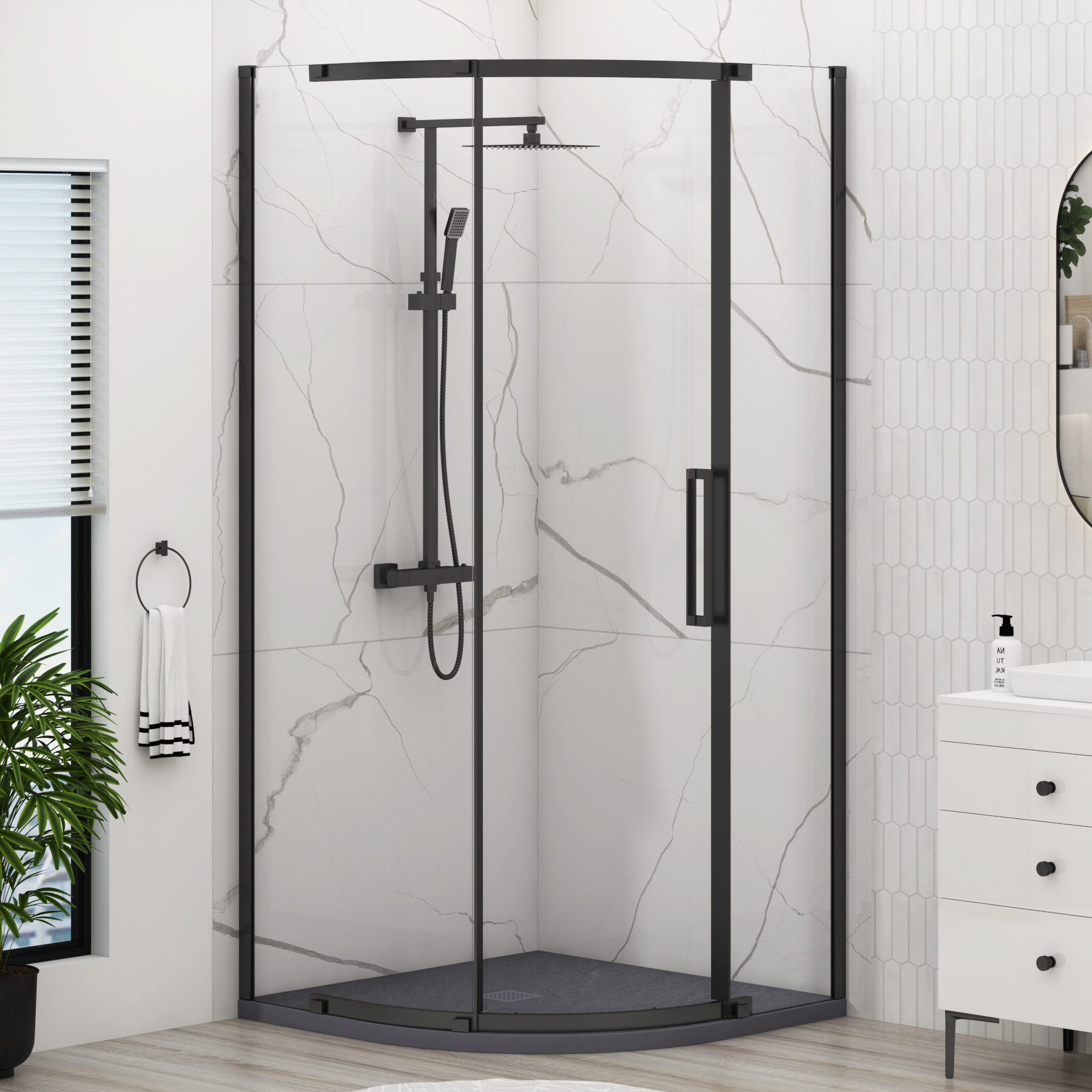 Chelsea Single Door Quadrant Shower Enclosure with Grey Stone Tray 8mm Easy Clean Glass, 1950mm Tall - Matt Black
