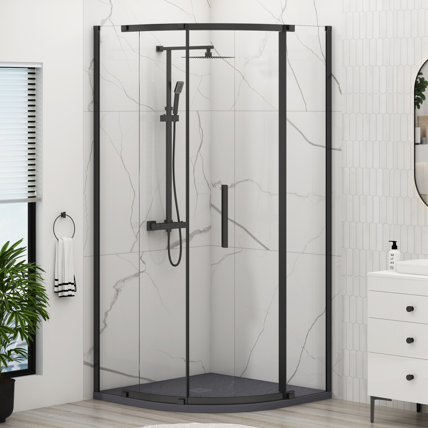 Chelsea Single Door Quadrant Shower Enclosure with Grey Stone Tray 8mm Easy Clean Glass, 1950mm Tall - Matt Black