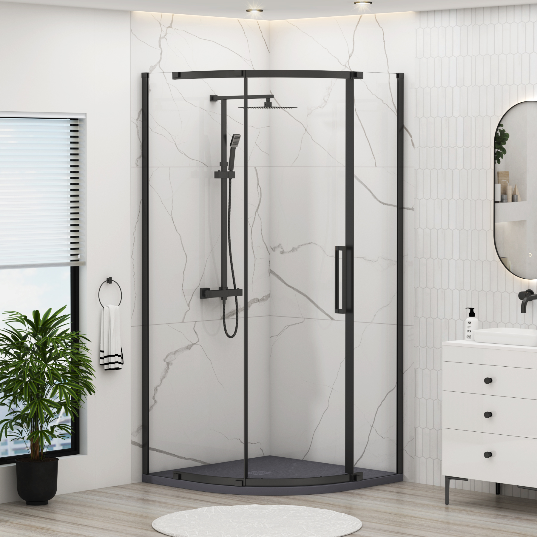 Chelsea Single Door Quadrant Shower Enclosure with Grey Stone Tray 8mm Easy Clean Glass, 1950mm Tall - Matt Black