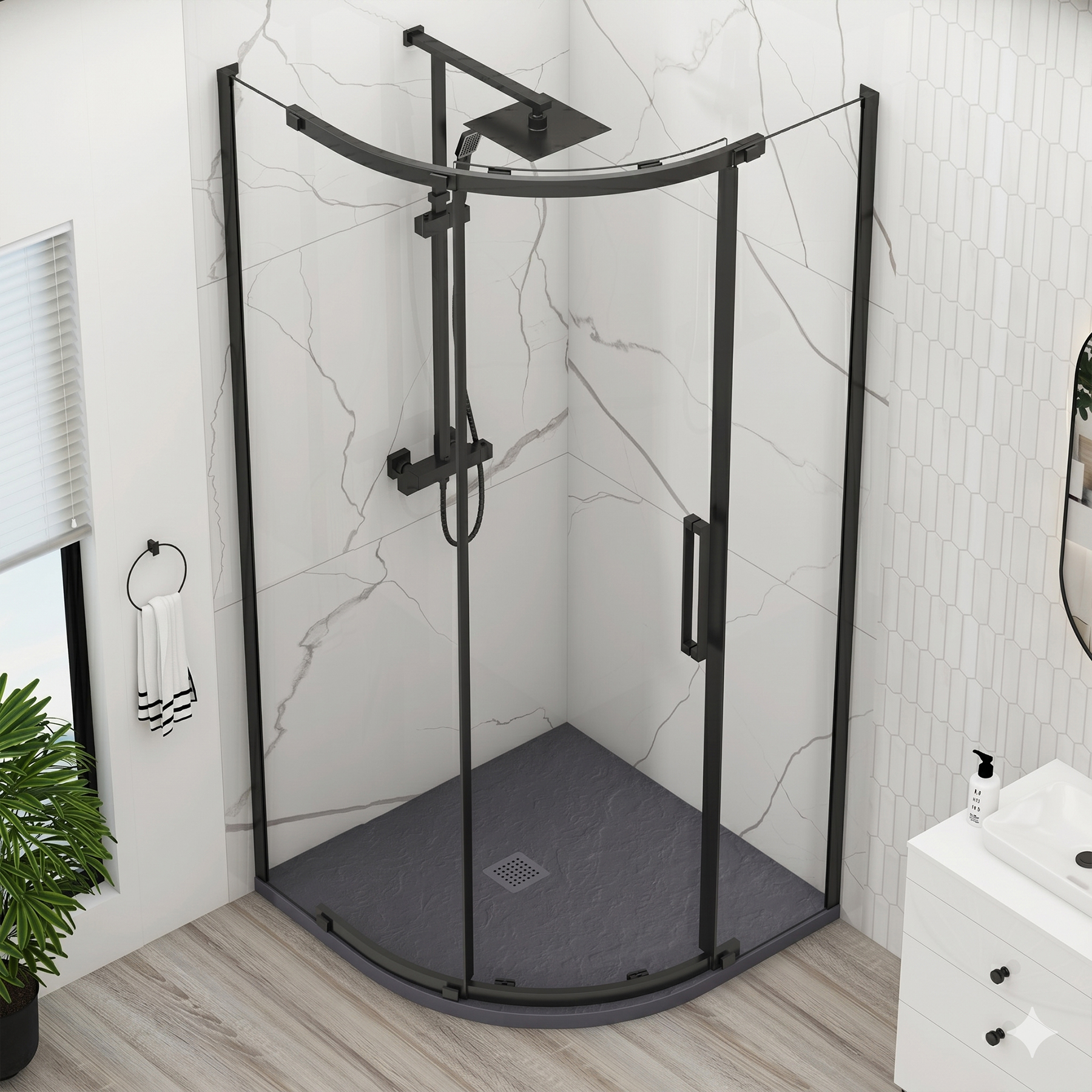 Chelsea Single Door Quadrant Shower Enclosure with Grey Stone Tray 8mm Easy Clean Glass, 1950mm Tall - Matt Black