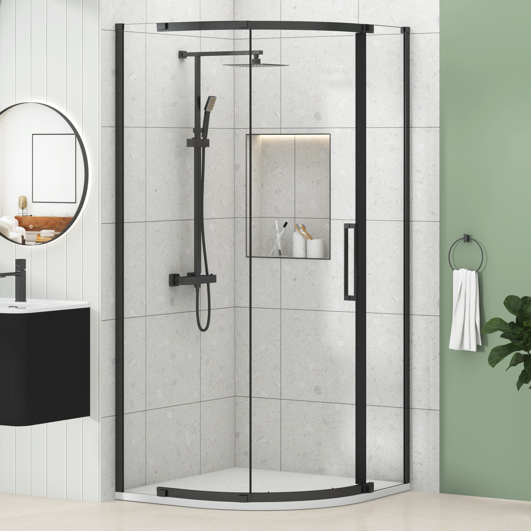 Chelsea Single Door Quadrant Shower Enclosure with White Stone Tray 8mm Easy Clean Glass, 1950mm Tall - Matt Black