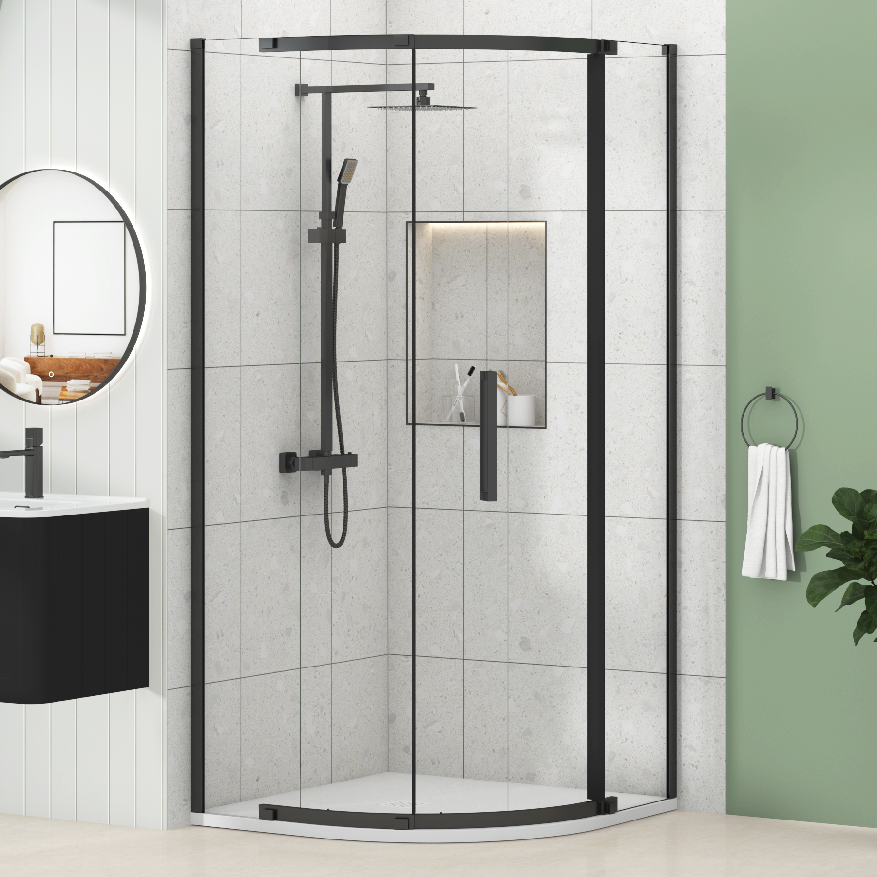 Chelsea Single Door Quadrant Shower Enclosure with White Stone Tray 8mm Easy Clean Glass, 1950mm Tall - Matt Black