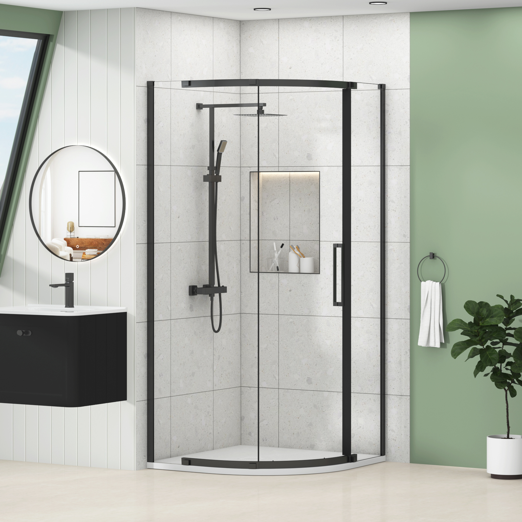 Chelsea Single Door Quadrant Shower Enclosure with White Stone Tray 8mm Easy Clean Glass, 1950mm Tall - Matt Black