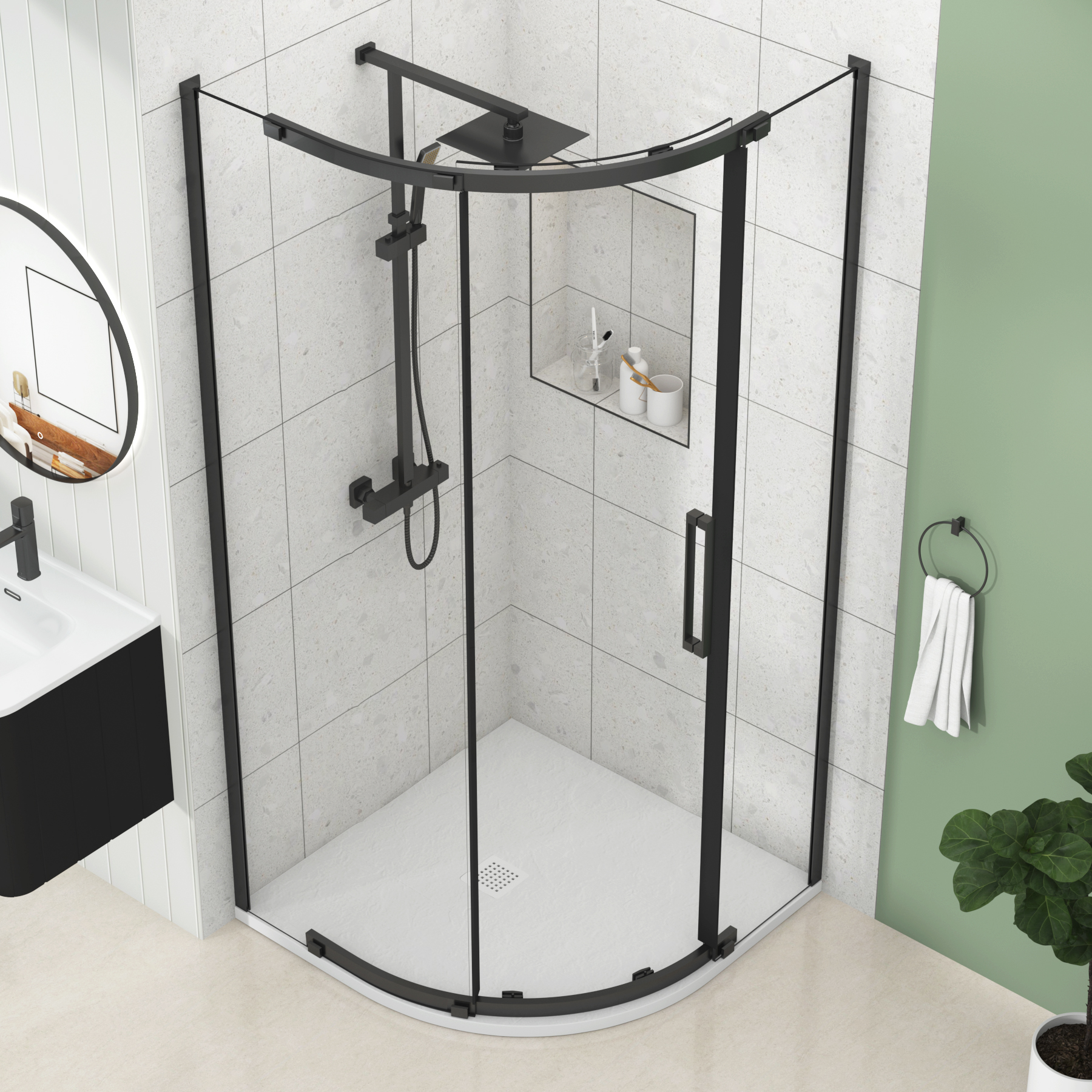 Chelsea Single Door Quadrant Shower Enclosure with White Stone Tray 8mm Easy Clean Glass, 1950mm Tall - Matt Black