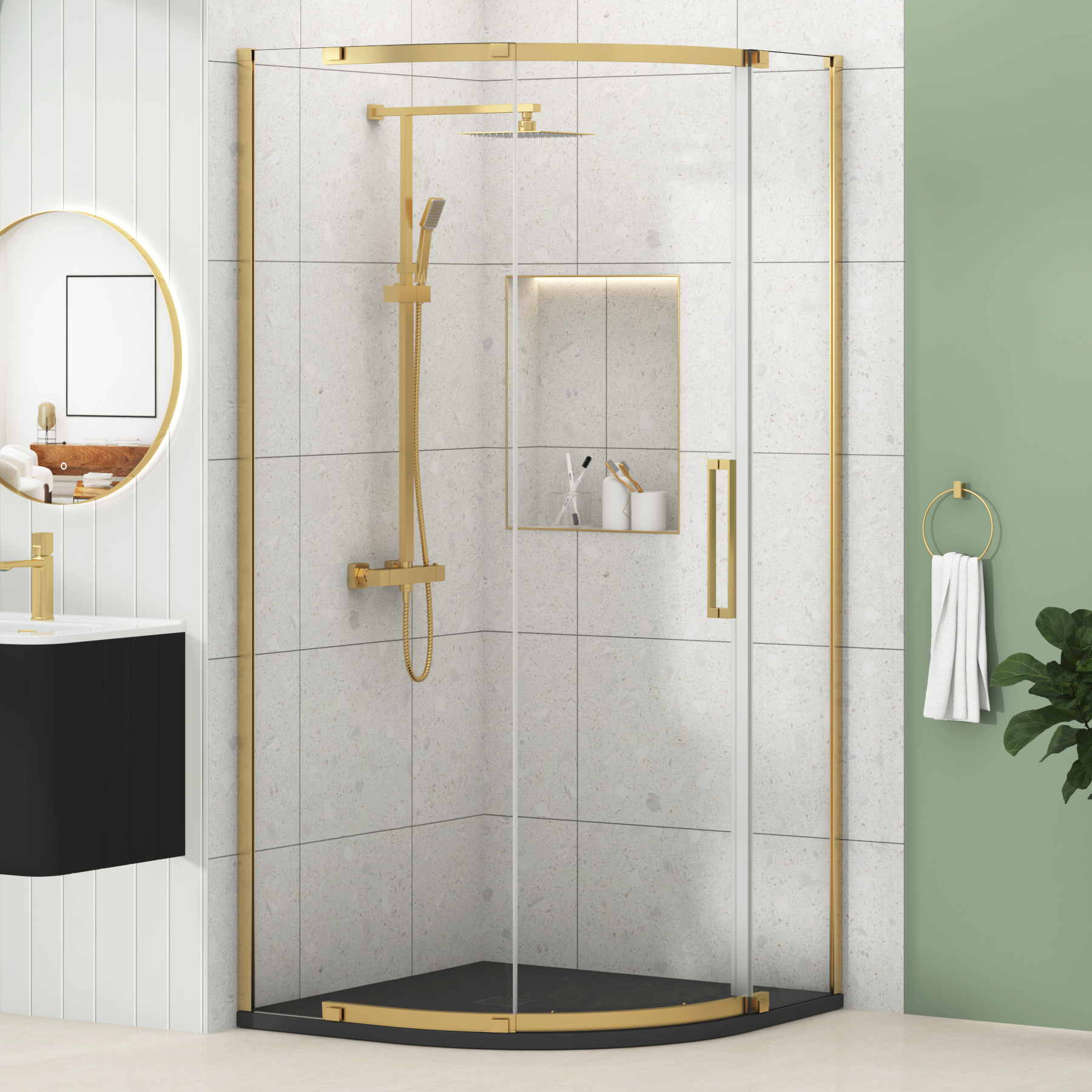 Chelsea Single Door Quadrant Shower Enclosure with Black Stone Tray 8mm Easy Clean Glass, 1950mm Tall - Brushed Brass