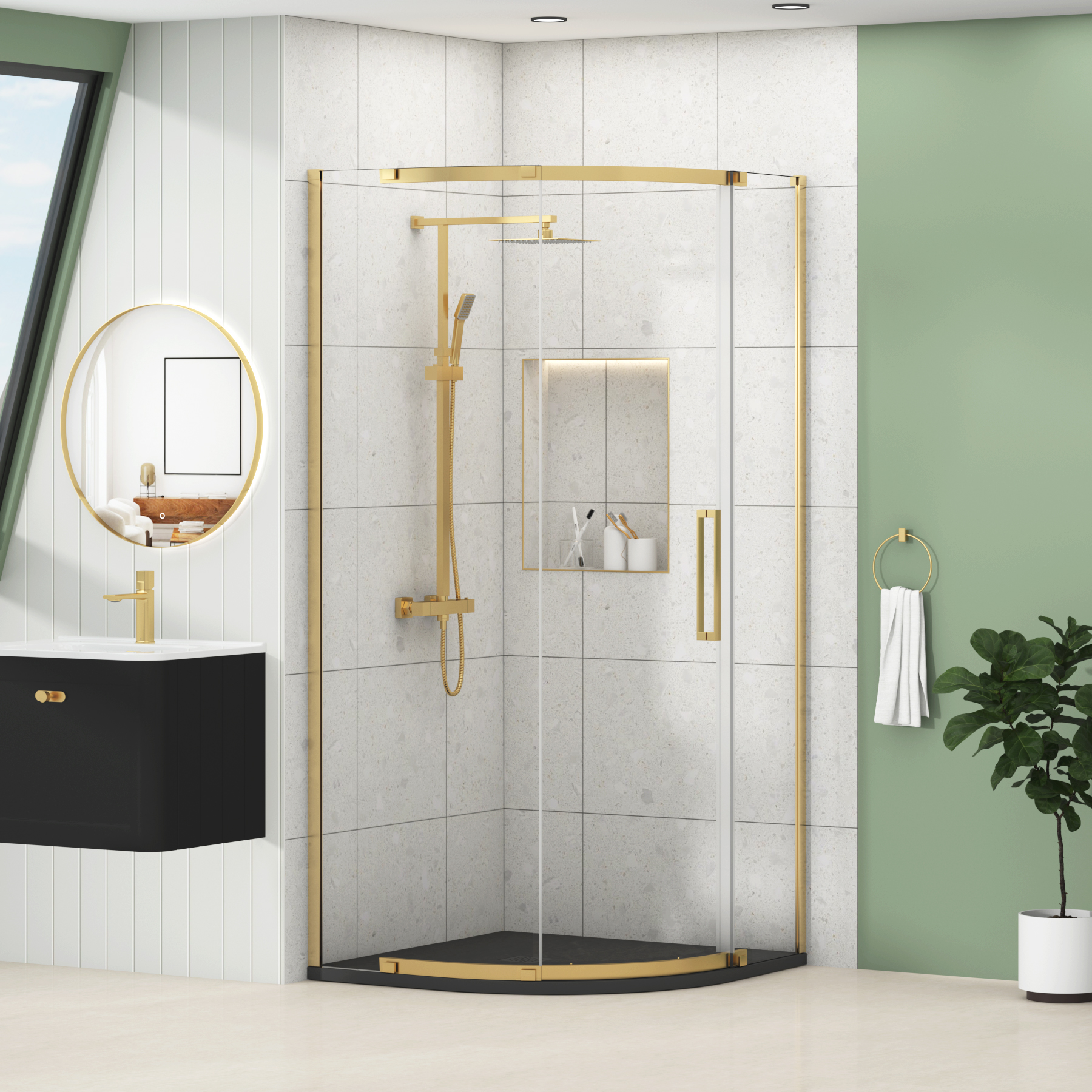 Chelsea Single Door Quadrant Shower Enclosure with Black Stone Tray 8mm Easy Clean Glass, 1950mm Tall - Brushed Brass