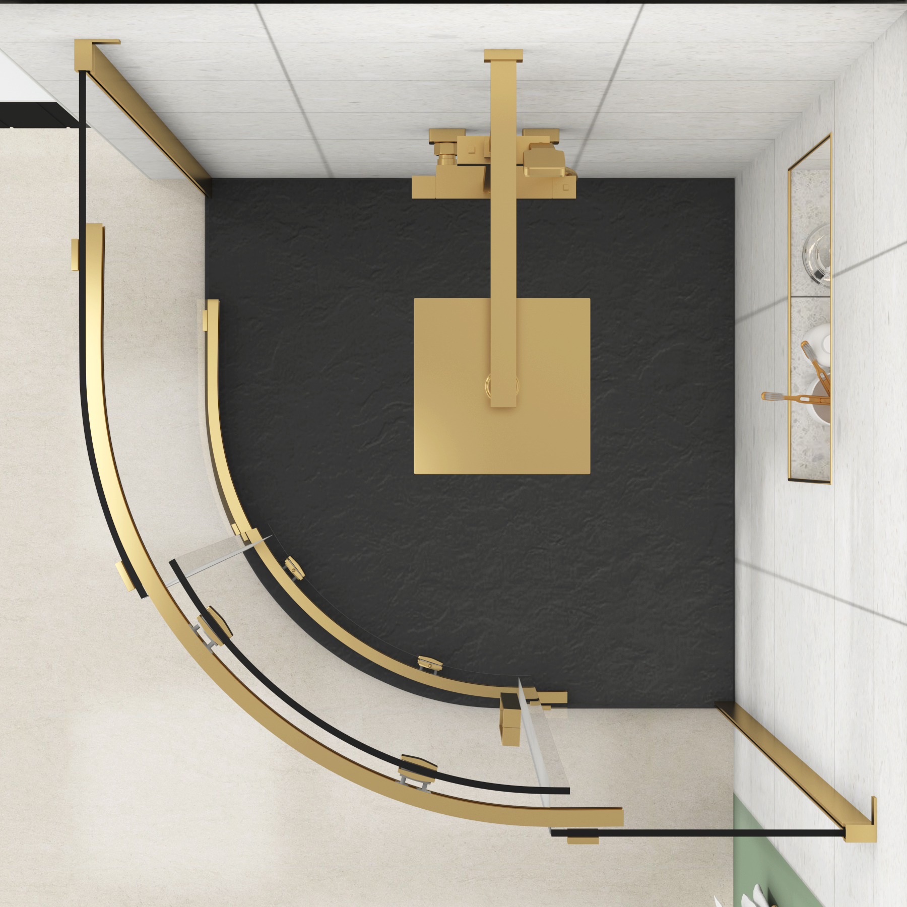 Chelsea Single Door Quadrant Shower Enclosure with Black Stone Tray 8mm Easy Clean Glass, 1950mm Tall - Brushed Brass