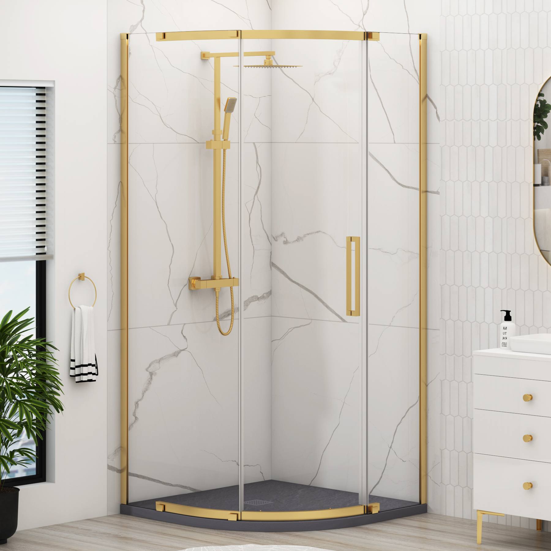 Chelsea Single Door Quadrant Shower Enclosure with Grey Stone Tray 8mm Easy Clean Glass, 1950mm Tall - Brushed Brass