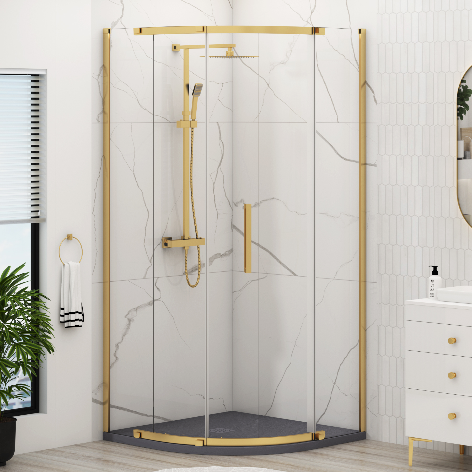 Chelsea Single Door Quadrant Shower Enclosure with Grey Stone Tray 8mm Easy Clean Glass, 1950mm Tall - Brushed Brass
