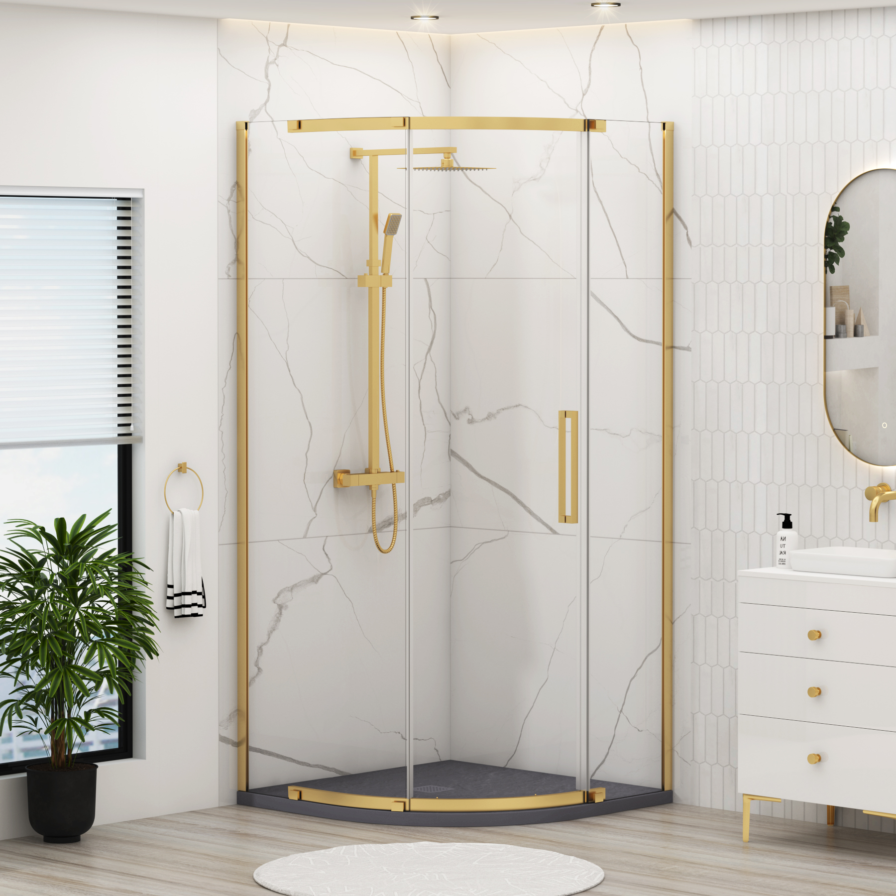 Chelsea Single Door Quadrant Shower Enclosure with Grey Stone Tray 8mm Easy Clean Glass, 1950mm Tall - Brushed Brass
