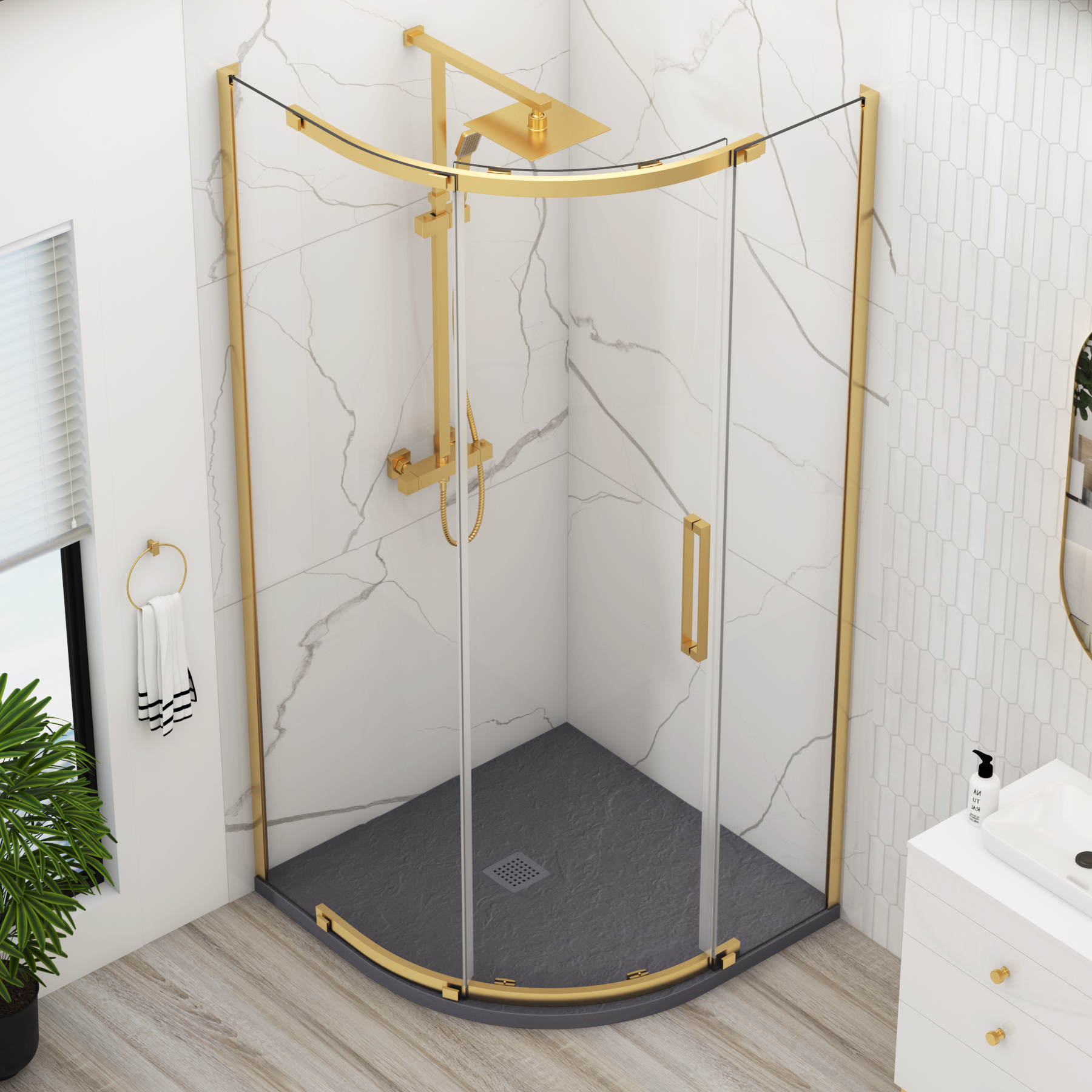 Chelsea Single Door Quadrant Shower Enclosure with Grey Stone Tray 8mm Easy Clean Glass, 1950mm Tall - Brushed Brass