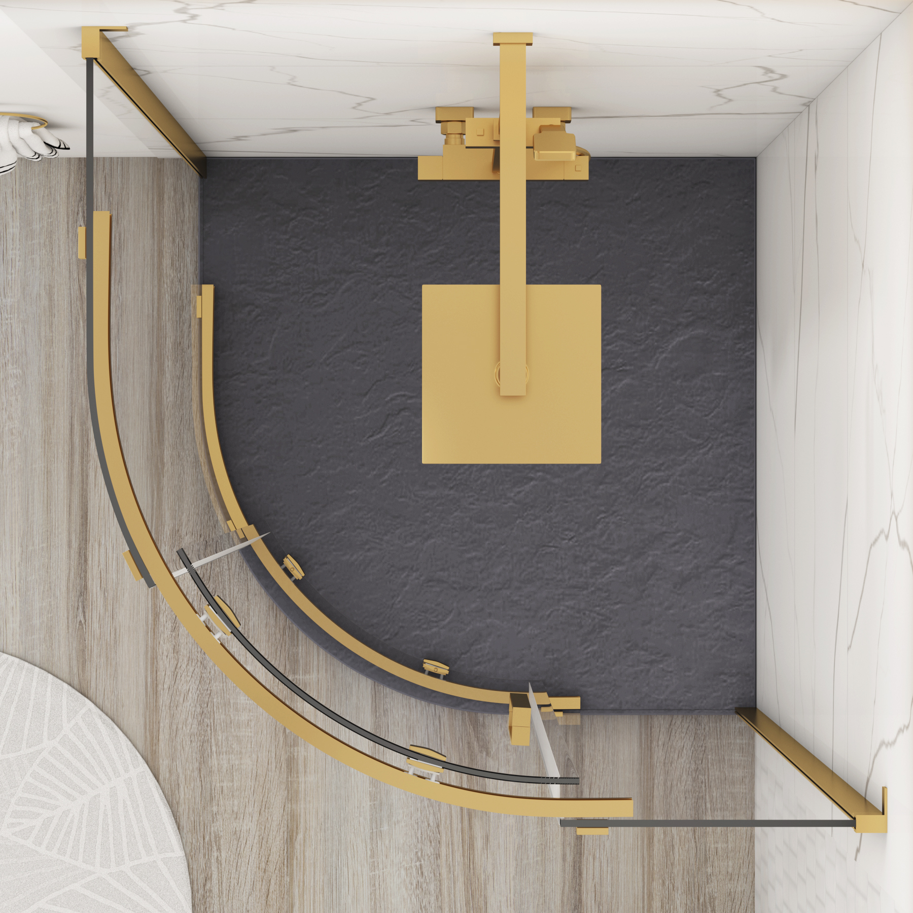 Chelsea Single Door Quadrant Shower Enclosure with Grey Stone Tray 8mm Easy Clean Glass, 1950mm Tall - Brushed Brass