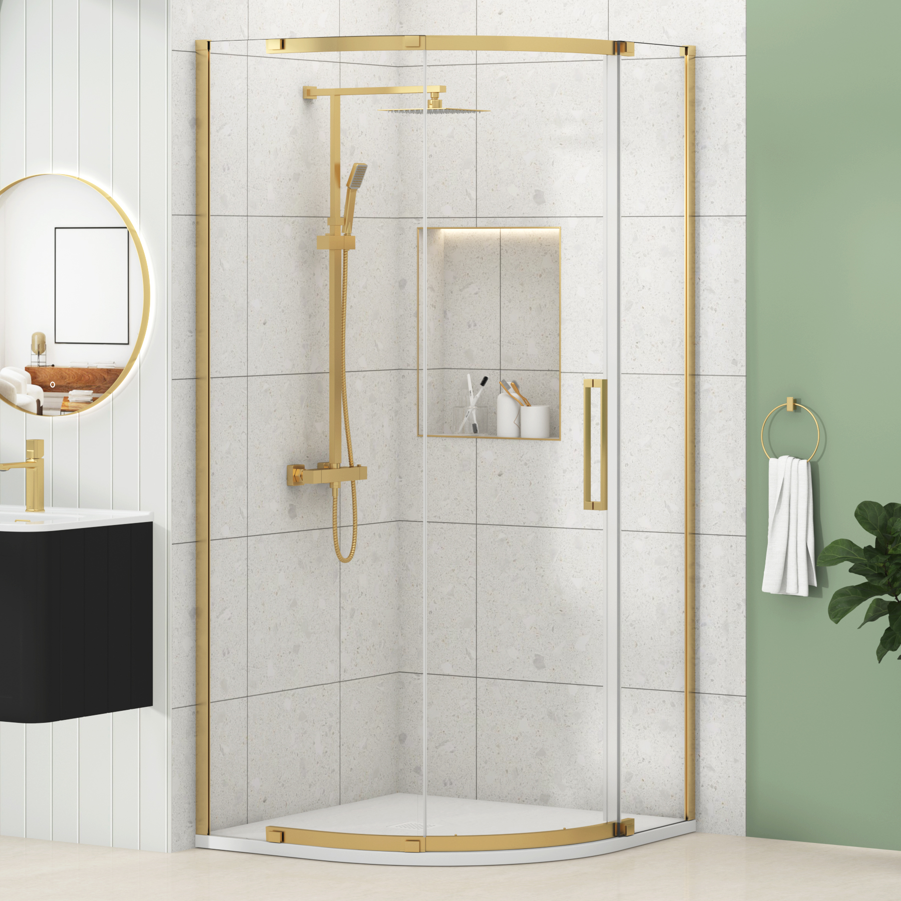 Chelsea Single Door Quadrant Shower Enclosure with White Stone Tray 8mm Easy Clean Glass, 1950mm Tall - Brushed Brass