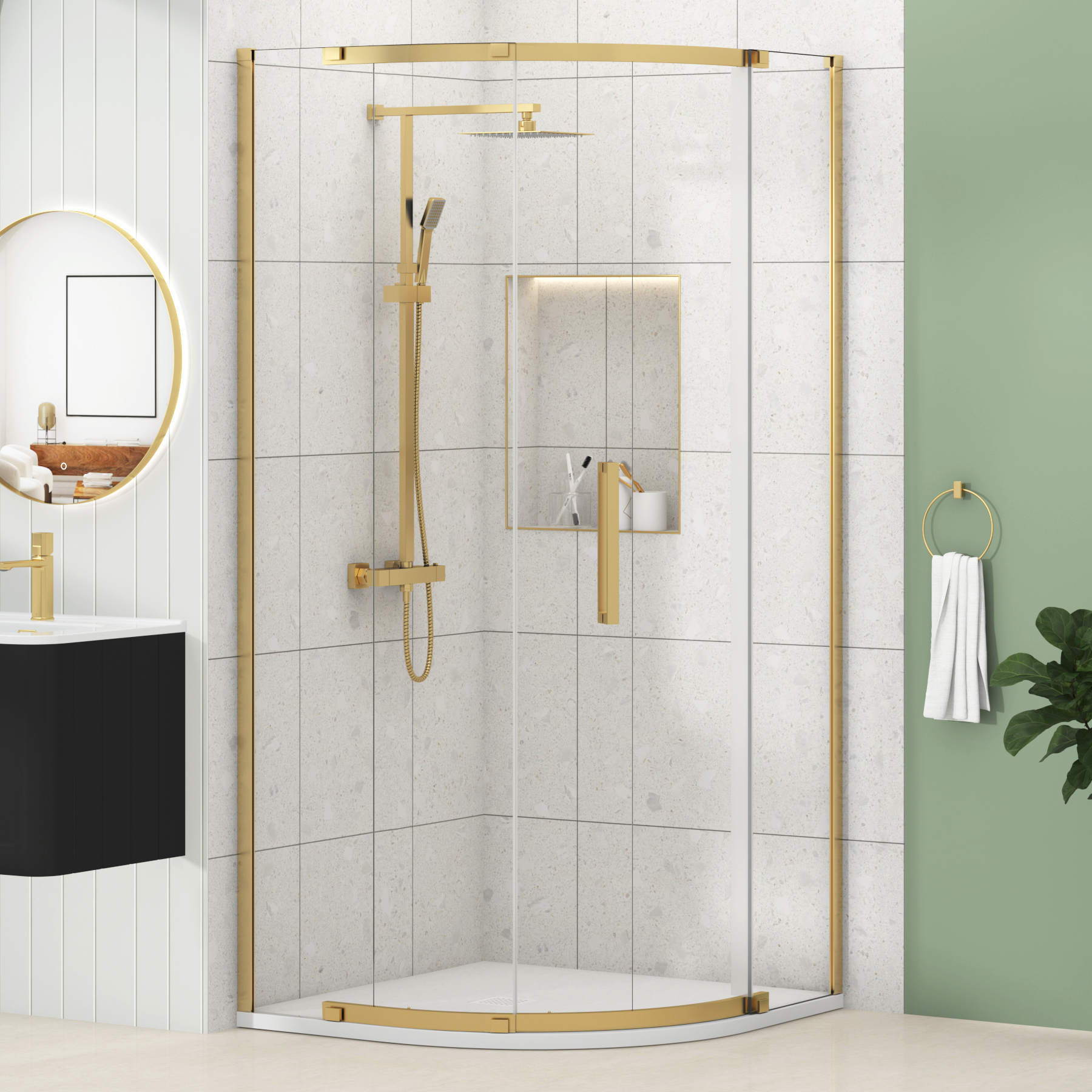Chelsea Single Door Quadrant Shower Enclosure with White Stone Tray 8mm Easy Clean Glass, 1950mm Tall - Brushed Brass