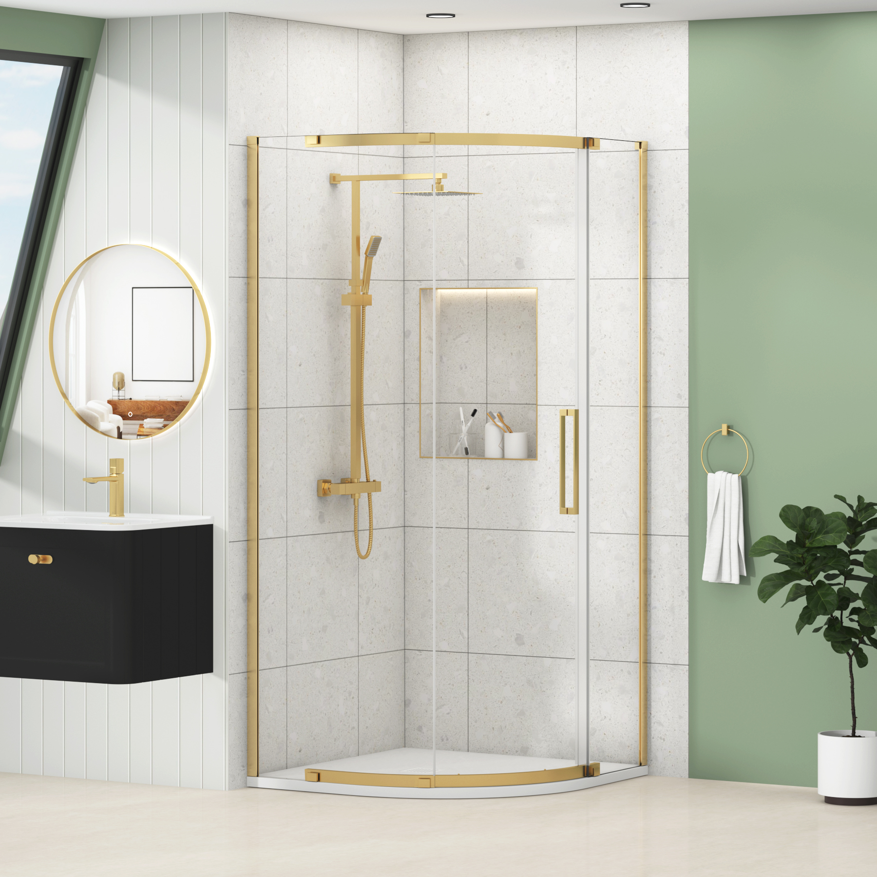 Chelsea Single Door Quadrant Shower Enclosure with White Stone Tray 8mm Easy Clean Glass, 1950mm Tall - Brushed Brass