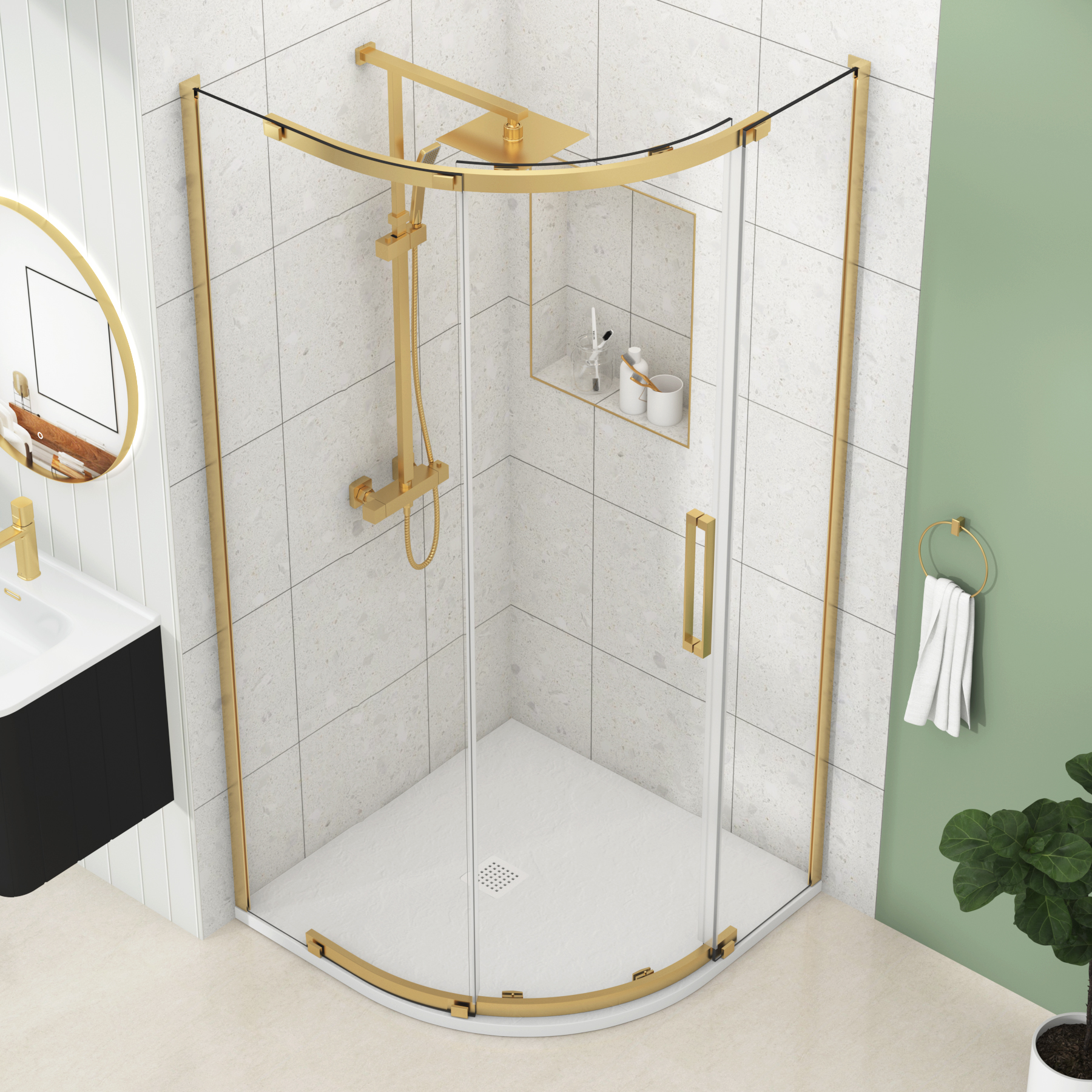 Chelsea Single Door Quadrant Shower Enclosure with White Stone Tray 8mm Easy Clean Glass, 1950mm Tall - Brushed Brass