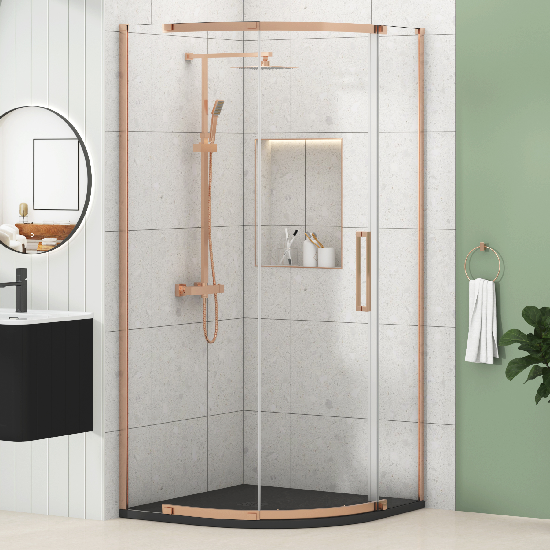 Chelsea Single Door Quadrant Shower Enclosure with Black Stone Tray 8mm Easy Clean Glass, 1950mm Tall - Brushed Bronze