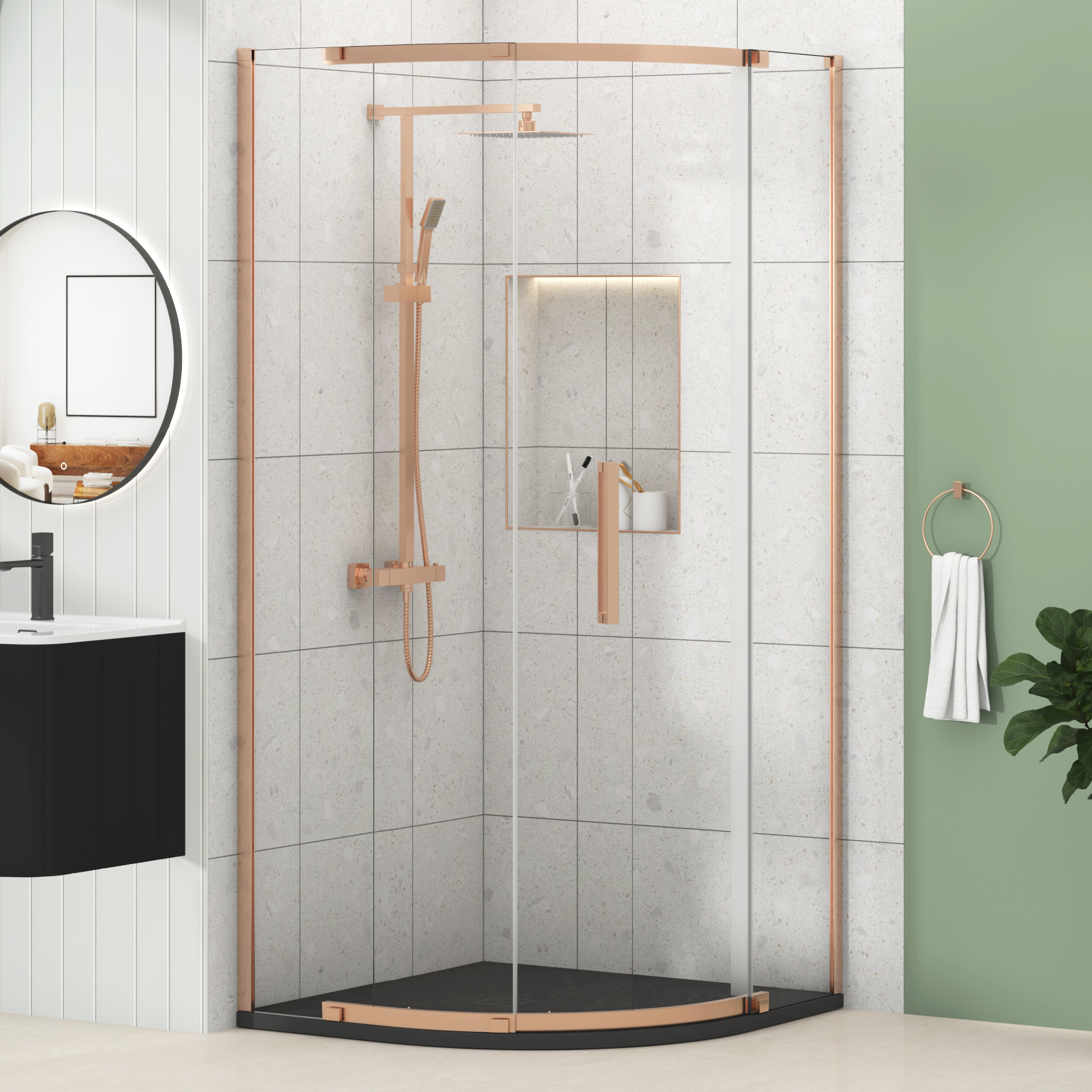 Chelsea Single Door Quadrant Shower Enclosure with Black Stone Tray 8mm Easy Clean Glass, 1950mm Tall - Brushed Bronze