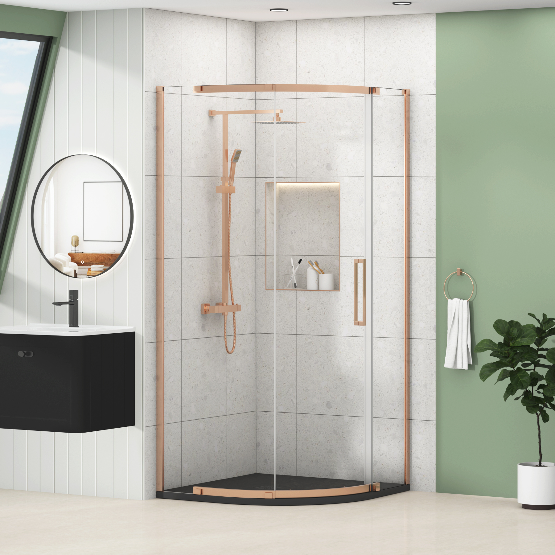 Chelsea Single Door Quadrant Shower Enclosure with Black Stone Tray 8mm Easy Clean Glass, 1950mm Tall - Brushed Bronze