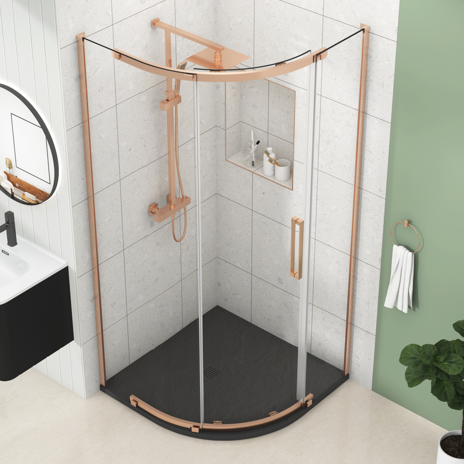 Chelsea Single Door Quadrant Shower Enclosure with Black Stone Tray 8mm Easy Clean Glass, 1950mm Tall - Brushed Bronze