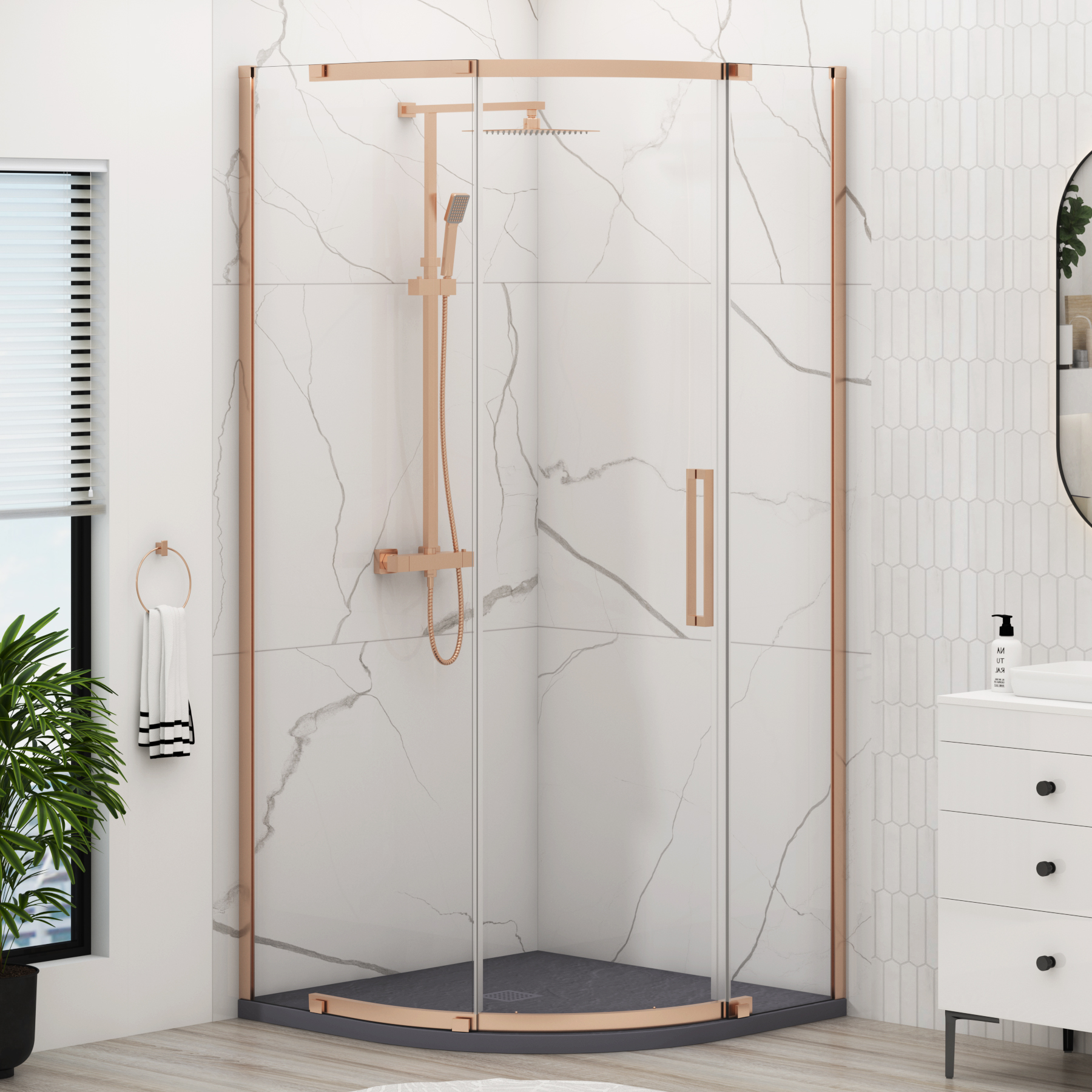 Chelsea Single Door Quadrant Shower Enclosure with Grey Stone Tray 8mm Easy Clean Glass, 1950mm Tall - Brushed Bronze