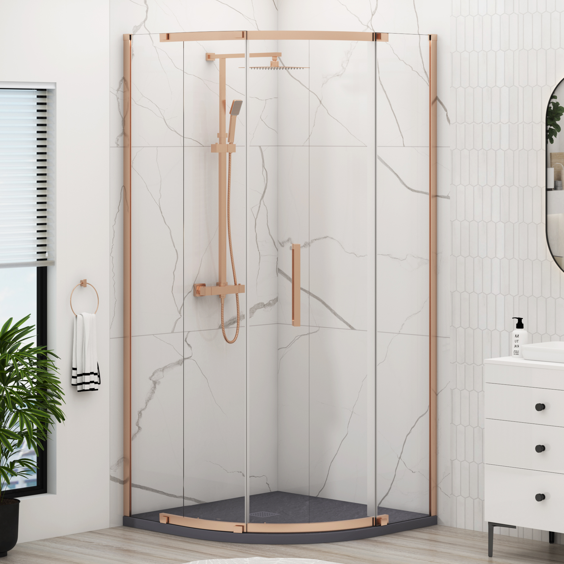 Chelsea Single Door Quadrant Shower Enclosure with Grey Stone Tray 8mm Easy Clean Glass, 1950mm Tall - Brushed Bronze