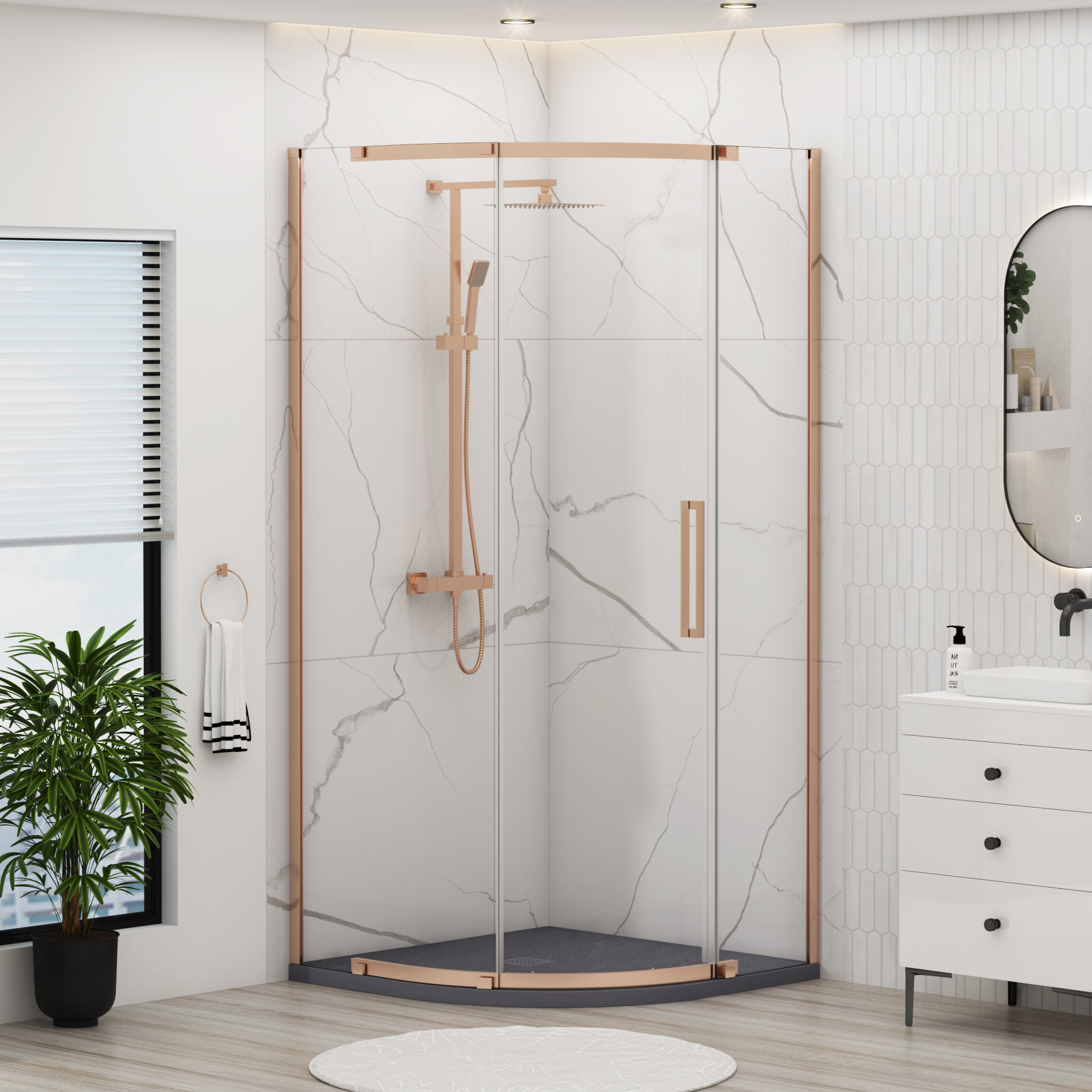 Chelsea Single Door Quadrant Shower Enclosure with Grey Stone Tray 8mm Easy Clean Glass, 1950mm Tall - Brushed Bronze