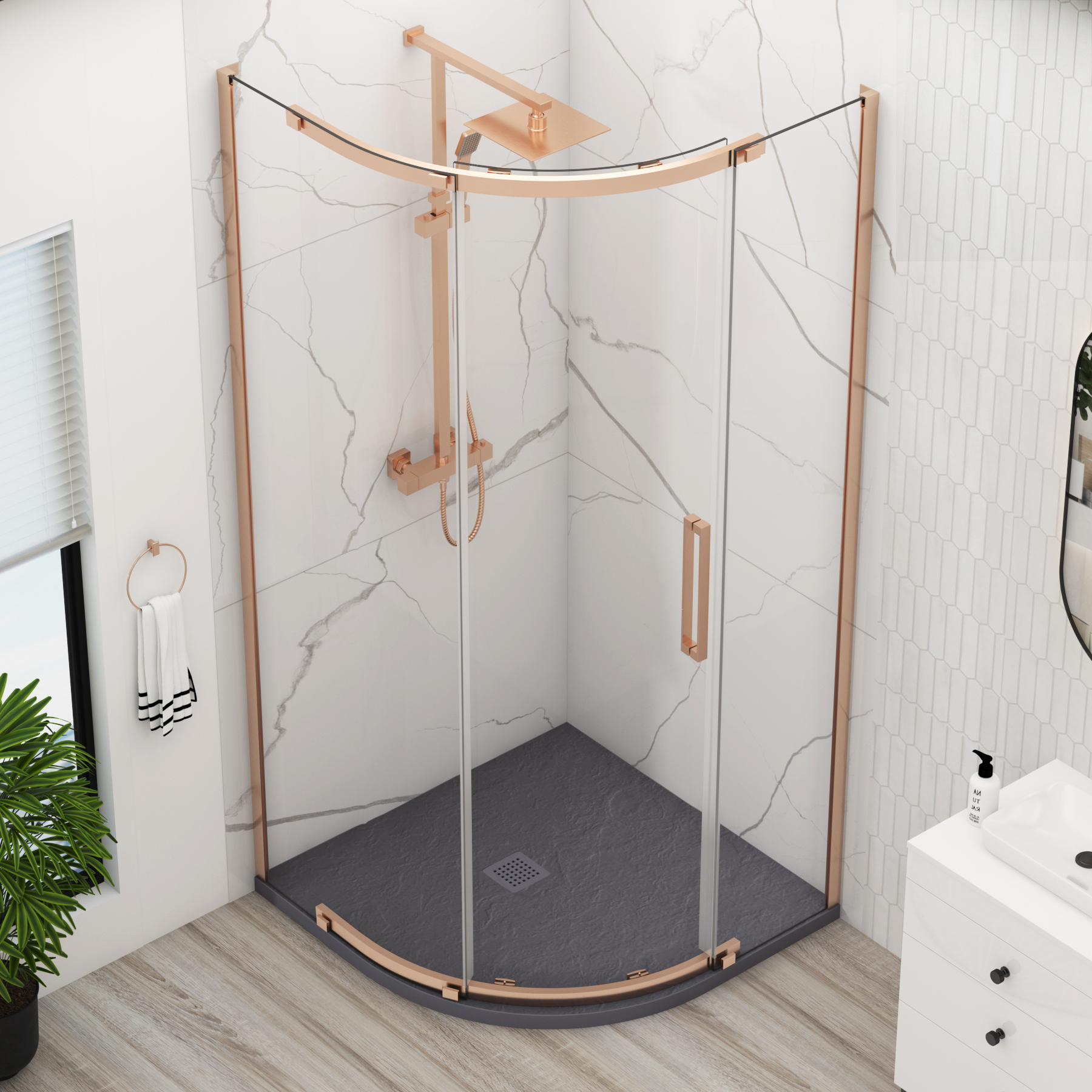 Chelsea Single Door Quadrant Shower Enclosure with Grey Stone Tray 8mm Easy Clean Glass, 1950mm Tall - Brushed Bronze