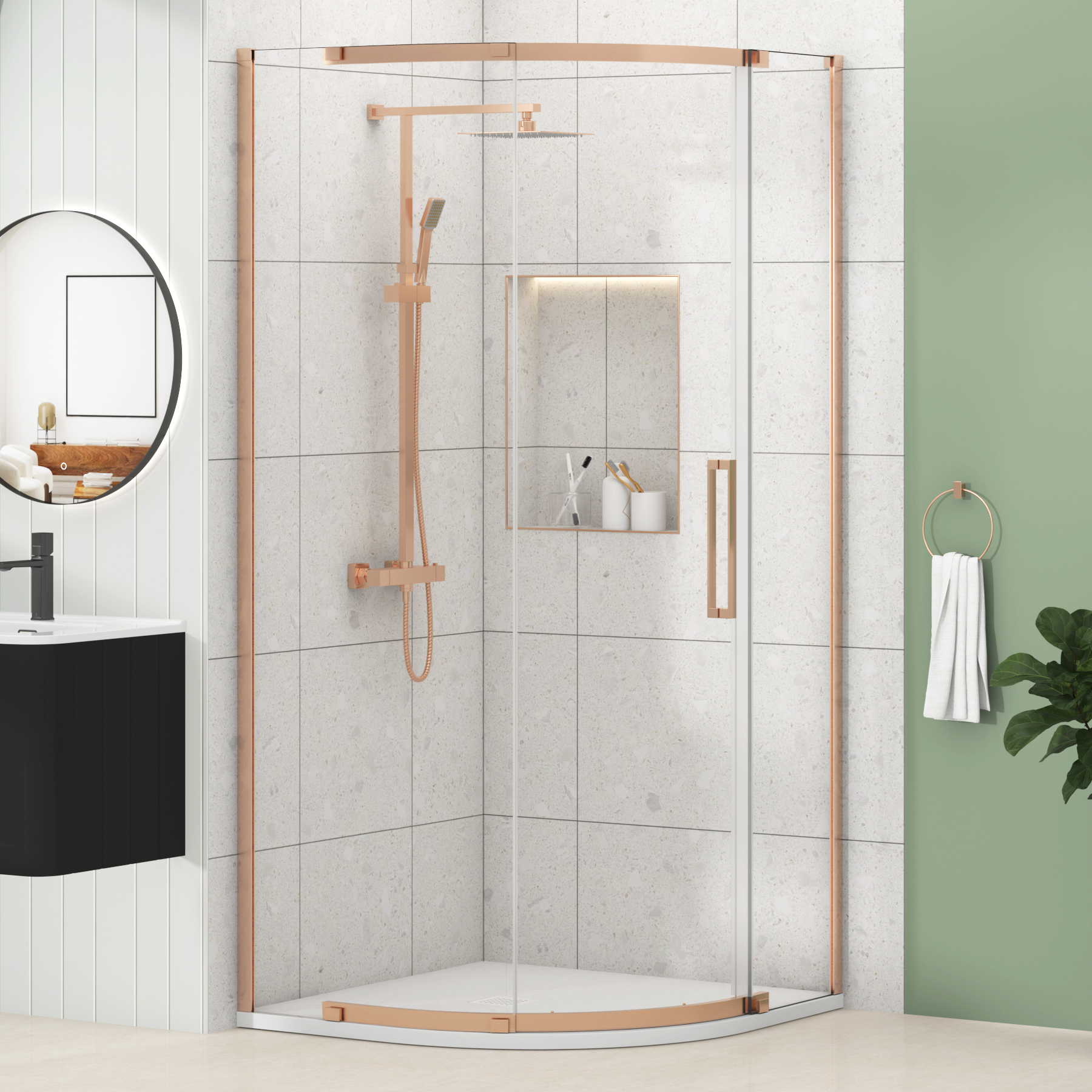 Chelsea Single Door Quadrant Shower Enclosure with White Stone Tray 8mm Easy Clean Glass, 1950mm Tall - Brushed Bronze