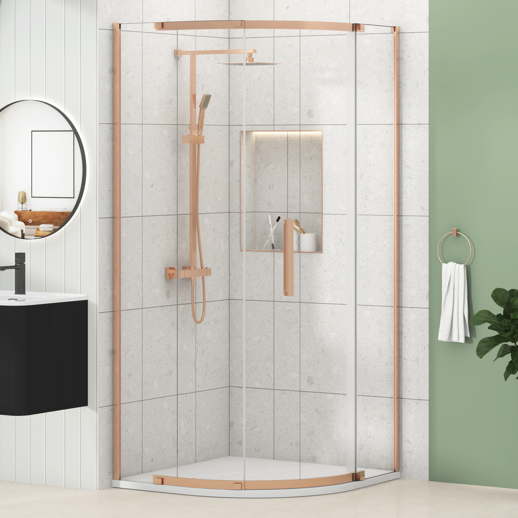 Chelsea Single Door Quadrant Shower Enclosure with White Stone Tray 8mm Easy Clean Glass, 1950mm Tall - Brushed Bronze