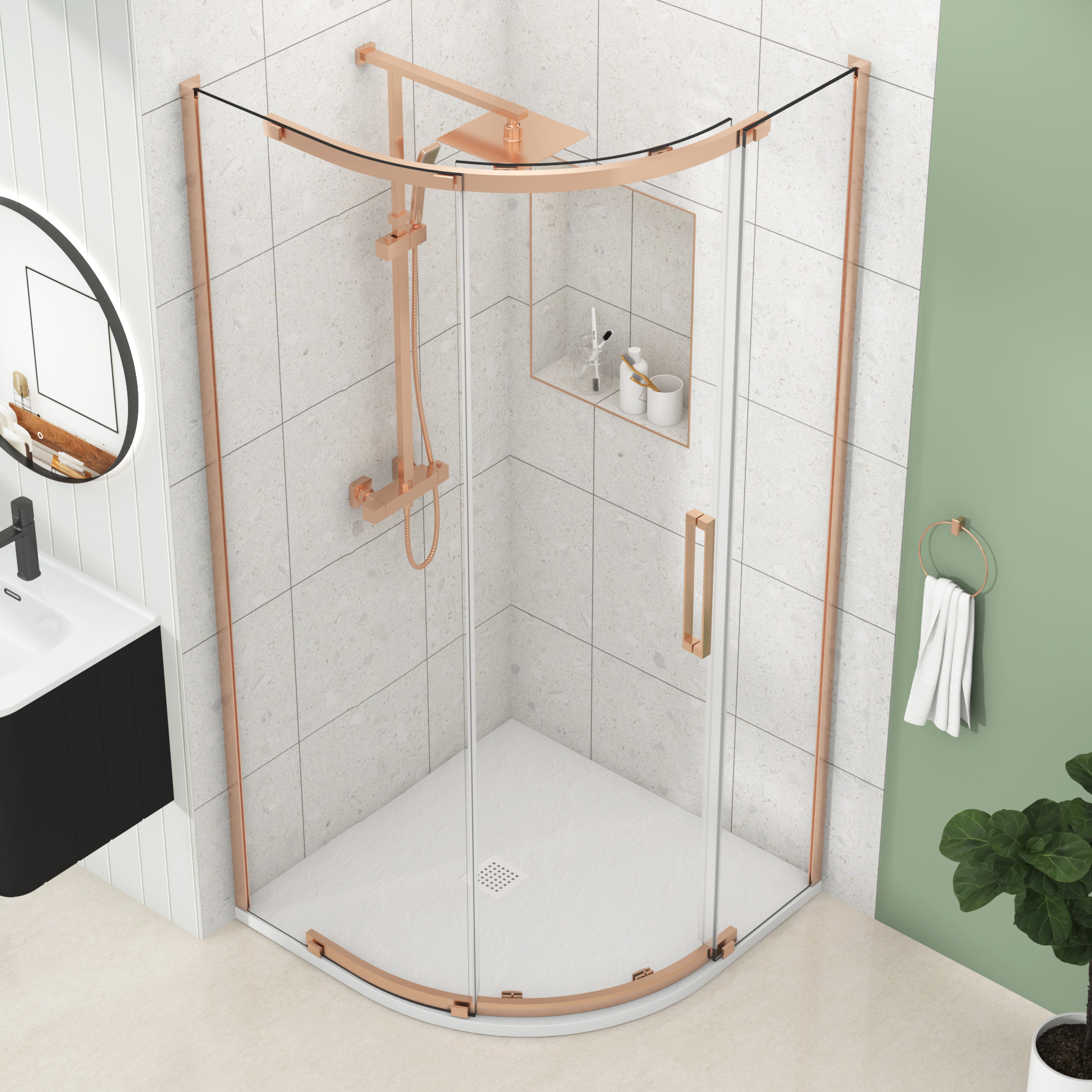 Chelsea Single Door Quadrant Shower Enclosure with White Stone Tray 8mm Easy Clean Glass, 1950mm Tall - Brushed Bronze