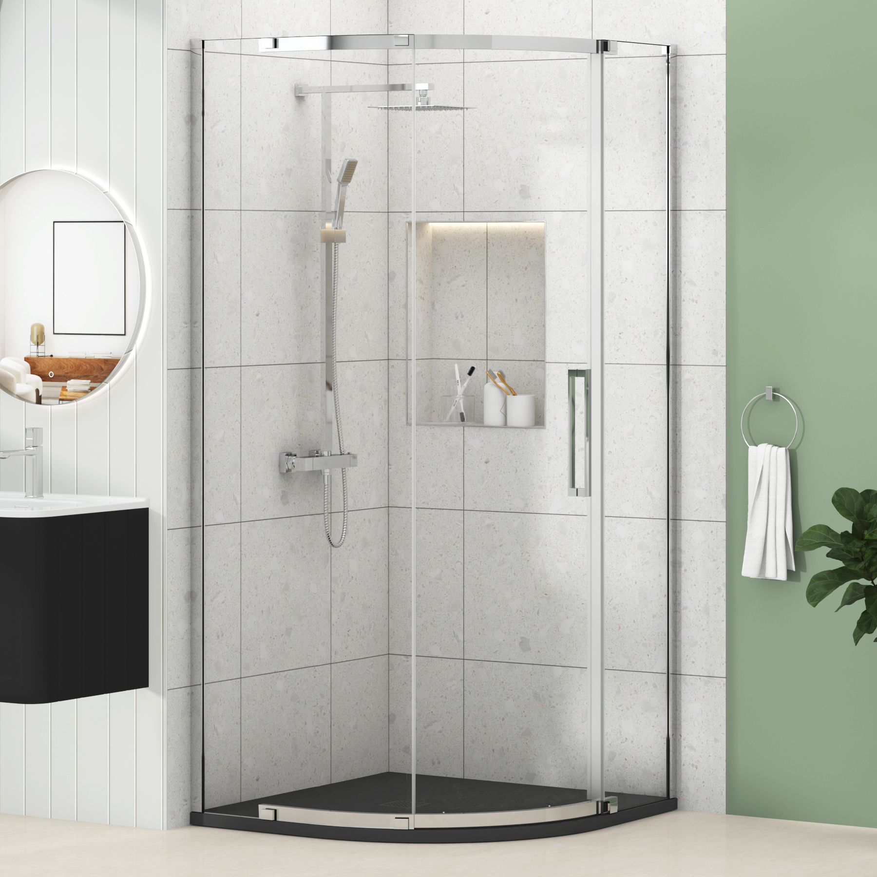 Chelsea Single Door Quadrant Shower Enclosure with Black Stone Tray 8mm Easy Clean Glass, 1950mm Tall - Chrome