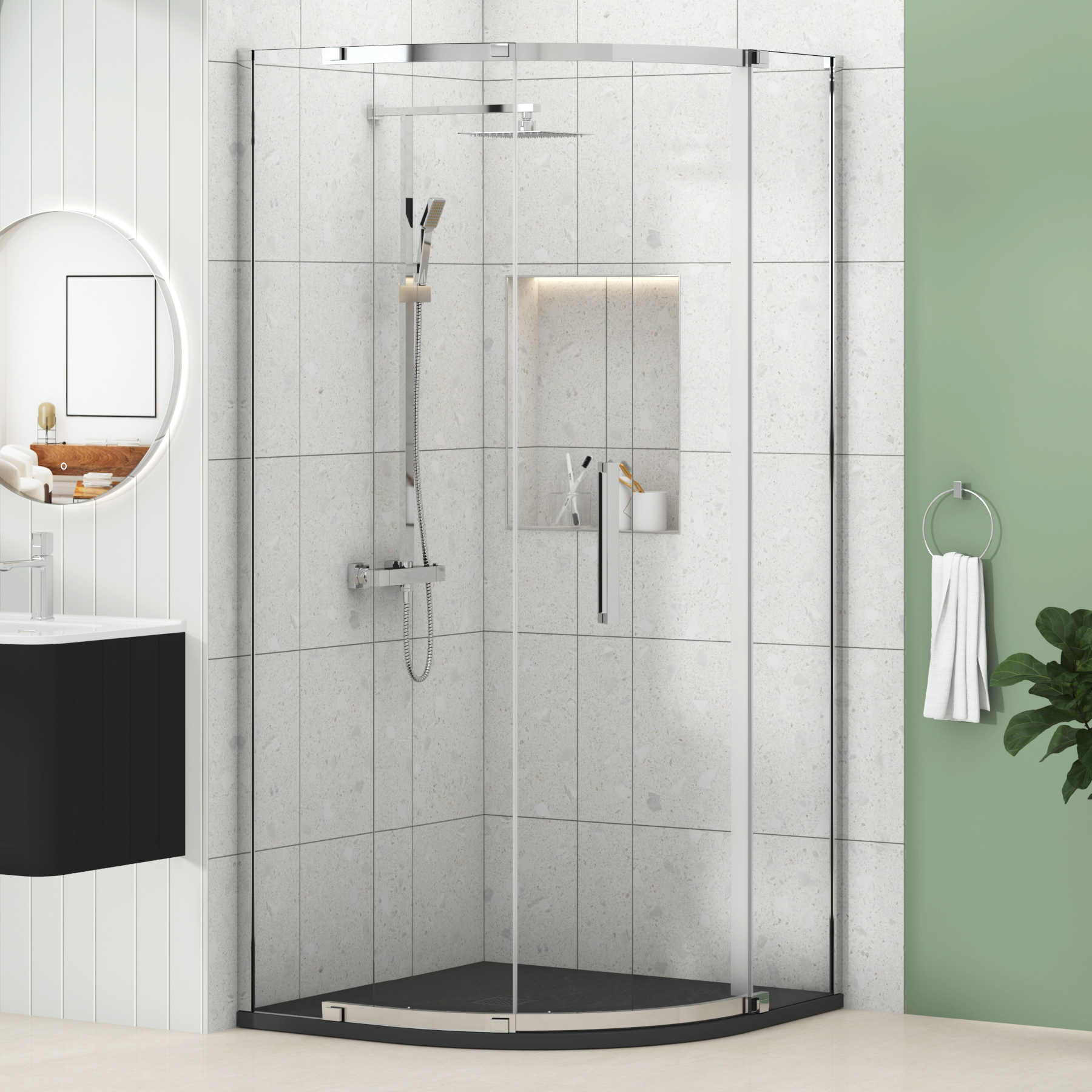 Chelsea Single Door Quadrant Shower Enclosure with Black Stone Tray 8mm Easy Clean Glass, 1950mm Tall - Chrome