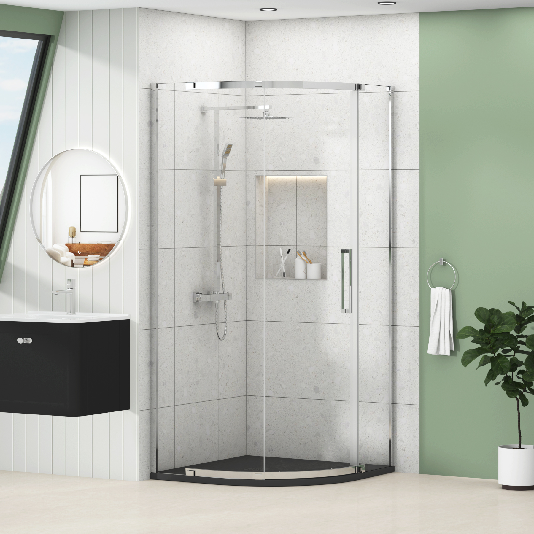 Chelsea Single Door Quadrant Shower Enclosure with Black Stone Tray 8mm Easy Clean Glass, 1950mm Tall - Chrome