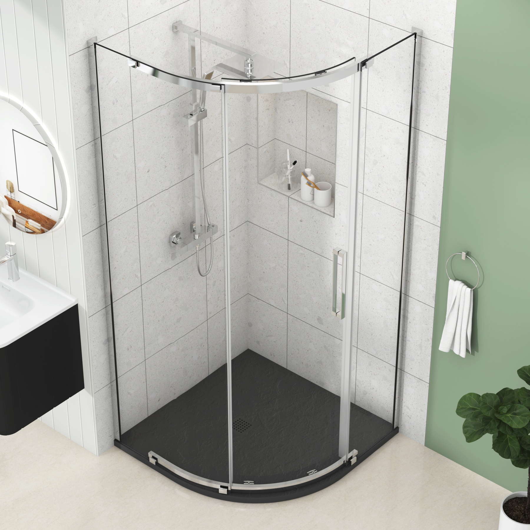 Chelsea Single Door Quadrant Shower Enclosure with Black Stone Tray 8mm Easy Clean Glass, 1950mm Tall - Chrome