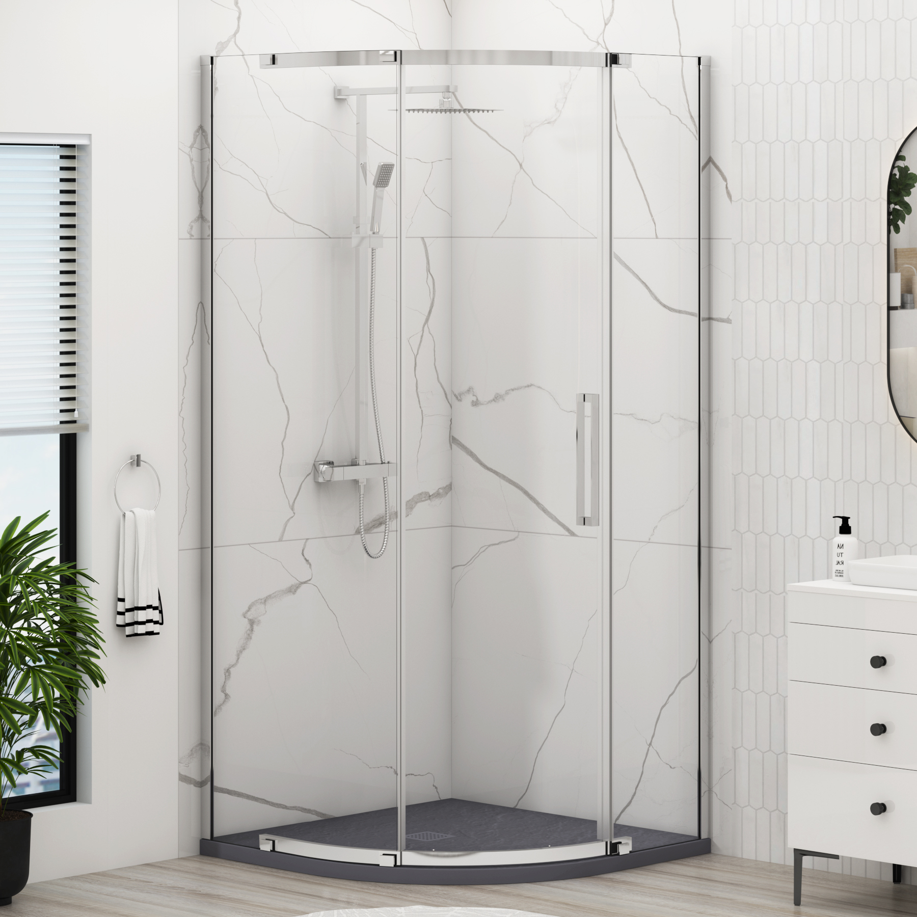Chelsea Single Door Quadrant Shower Enclosure with Grey Stone Tray 8mm Easy Clean Glass, 1950mm Tall - Chrome