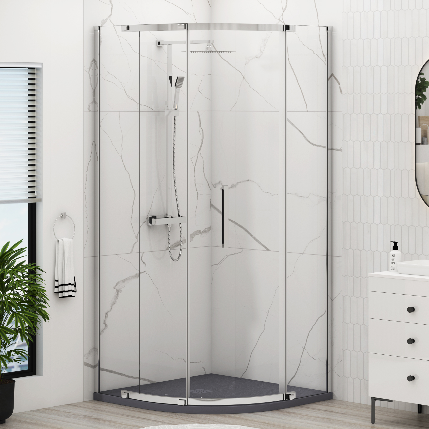 Chelsea Single Door Quadrant Shower Enclosure with Grey Stone Tray 8mm Easy Clean Glass, 1950mm Tall - Chrome