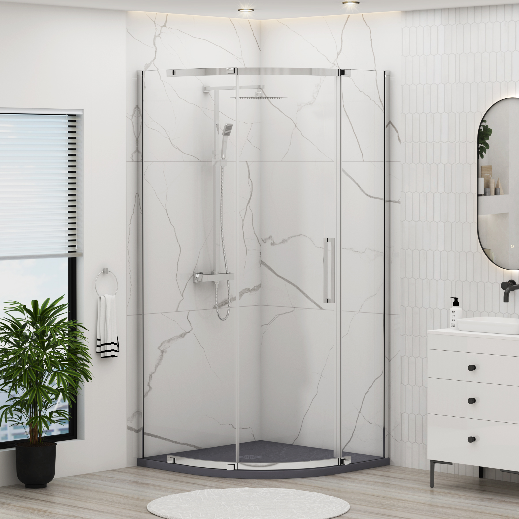 Chelsea Single Door Quadrant Shower Enclosure with Grey Stone Tray 8mm Easy Clean Glass, 1950mm Tall - Chrome