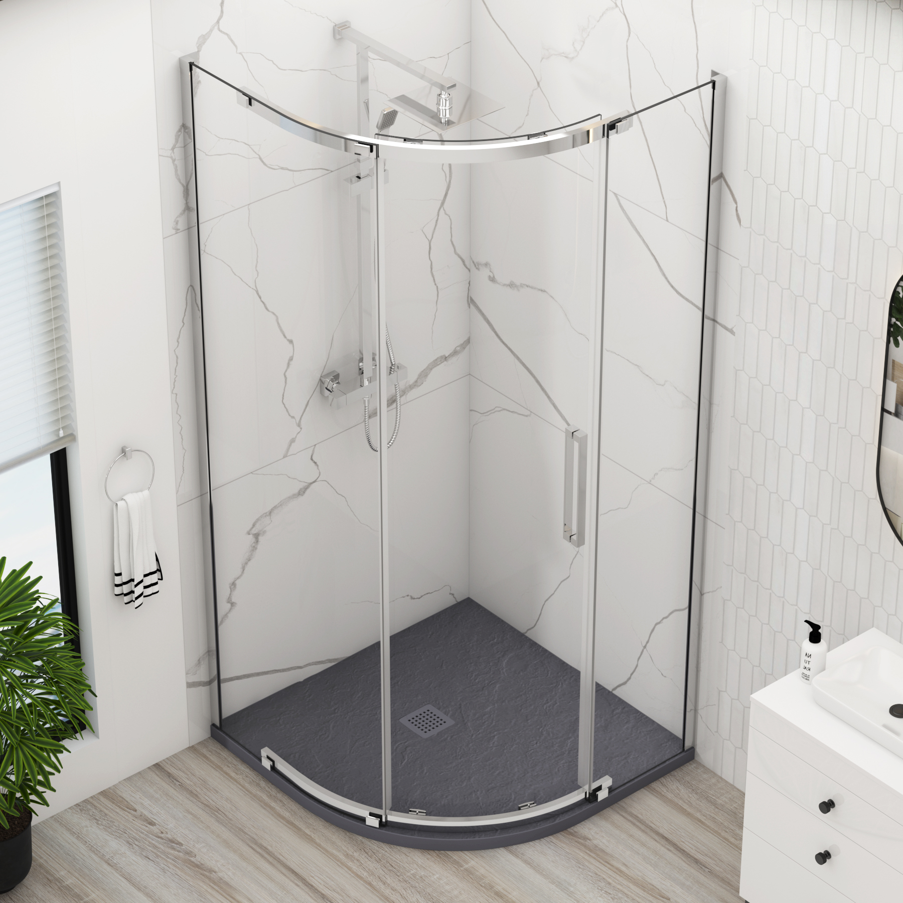 Chelsea Single Door Quadrant Shower Enclosure with Grey Stone Tray 8mm Easy Clean Glass, 1950mm Tall - Chrome