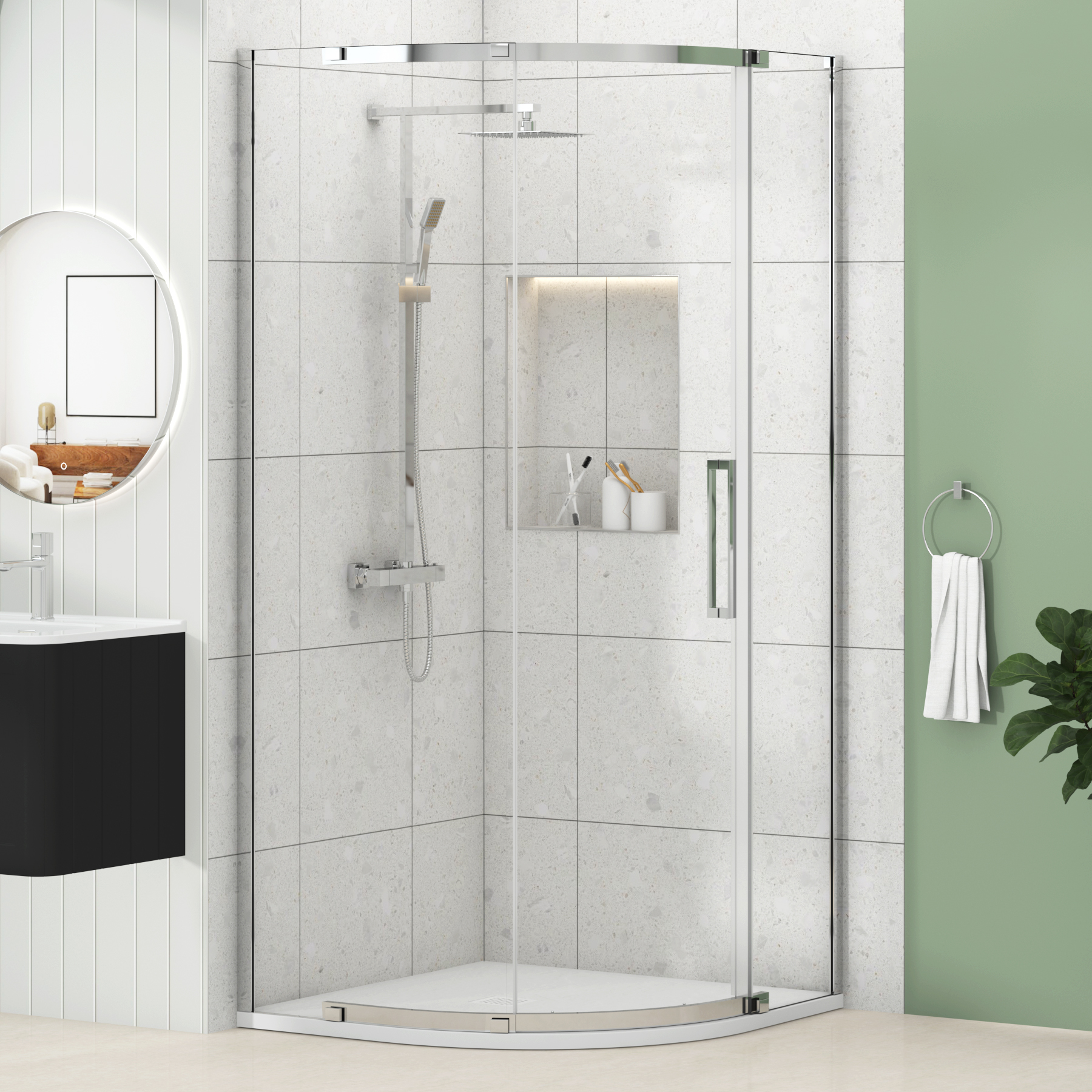 Chelsea Single Door Quadrant Shower Enclosure with White Stone Tray 8mm Easy Clean Glass, 1950mm Tall - Chrome
