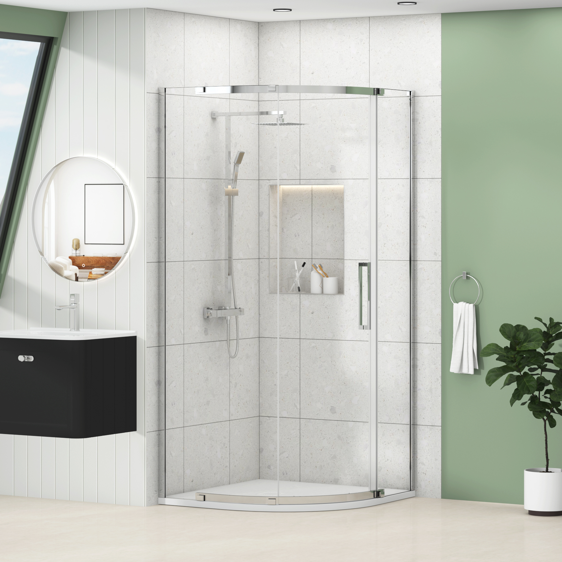Chelsea Single Door Quadrant Shower Enclosure with White Stone Tray 8mm Easy Clean Glass, 1950mm Tall - Chrome