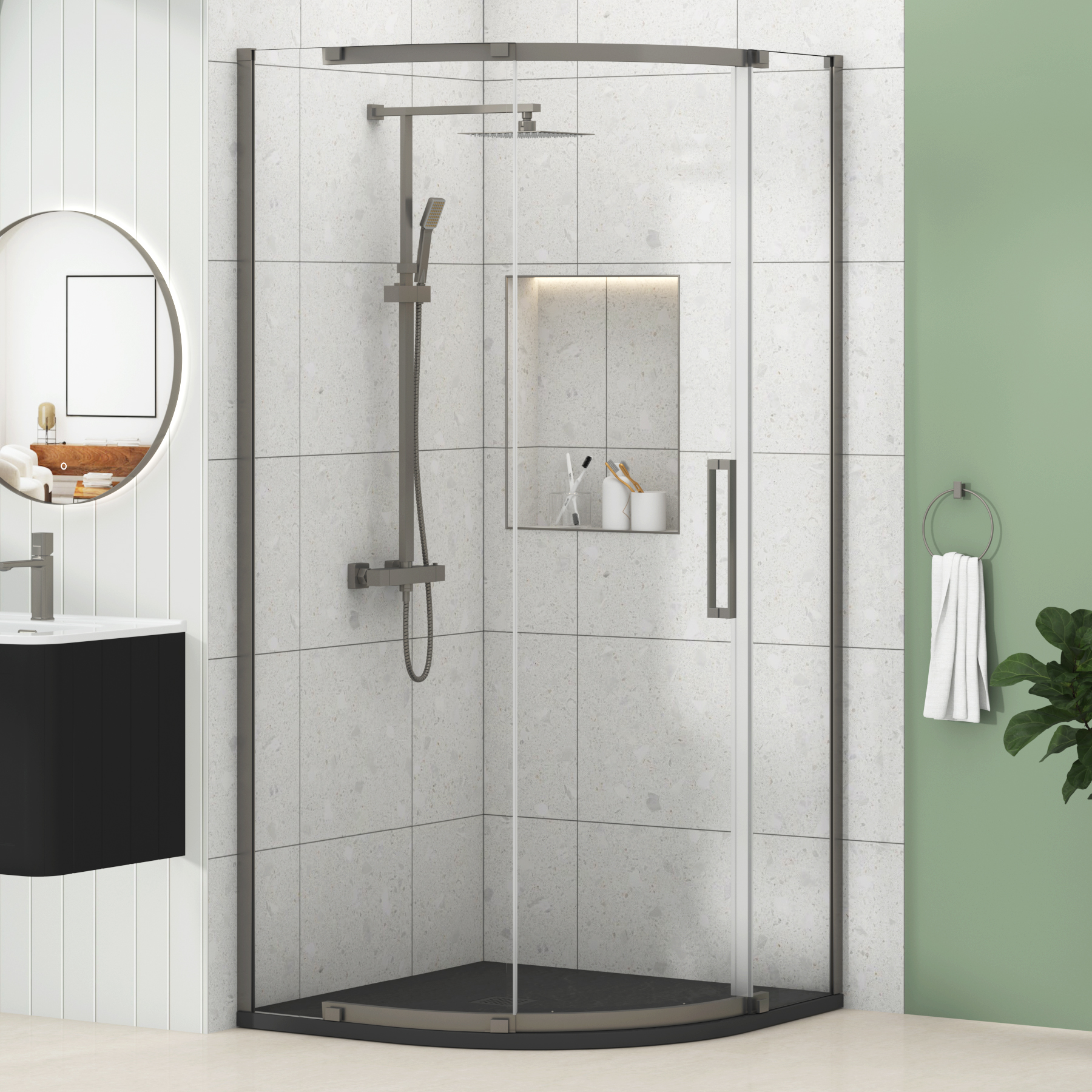 Chelsea Single Door Quadrant Shower Enclosure with Black Stone Tray 8mm Easy Clean Glass, 1950mm Tall - Gun Metal Grey