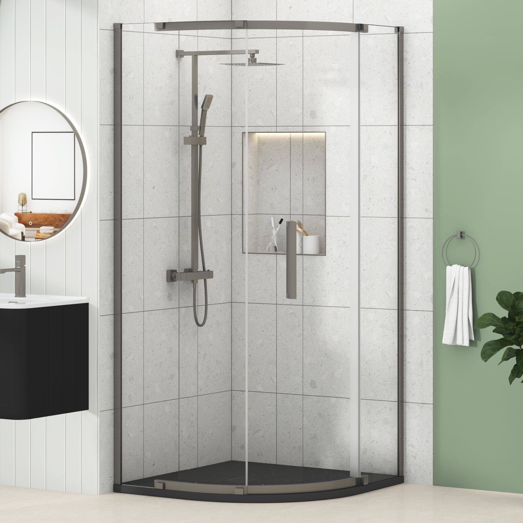 Chelsea Single Door Quadrant Shower Enclosure with Black Stone Tray 8mm Easy Clean Glass, 1950mm Tall - Gun Metal Grey